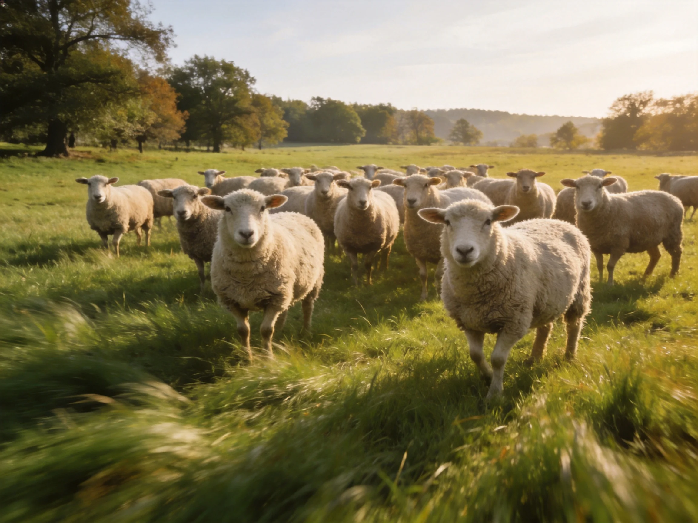 A flock of woolly sheep in a sunlit green pasture
