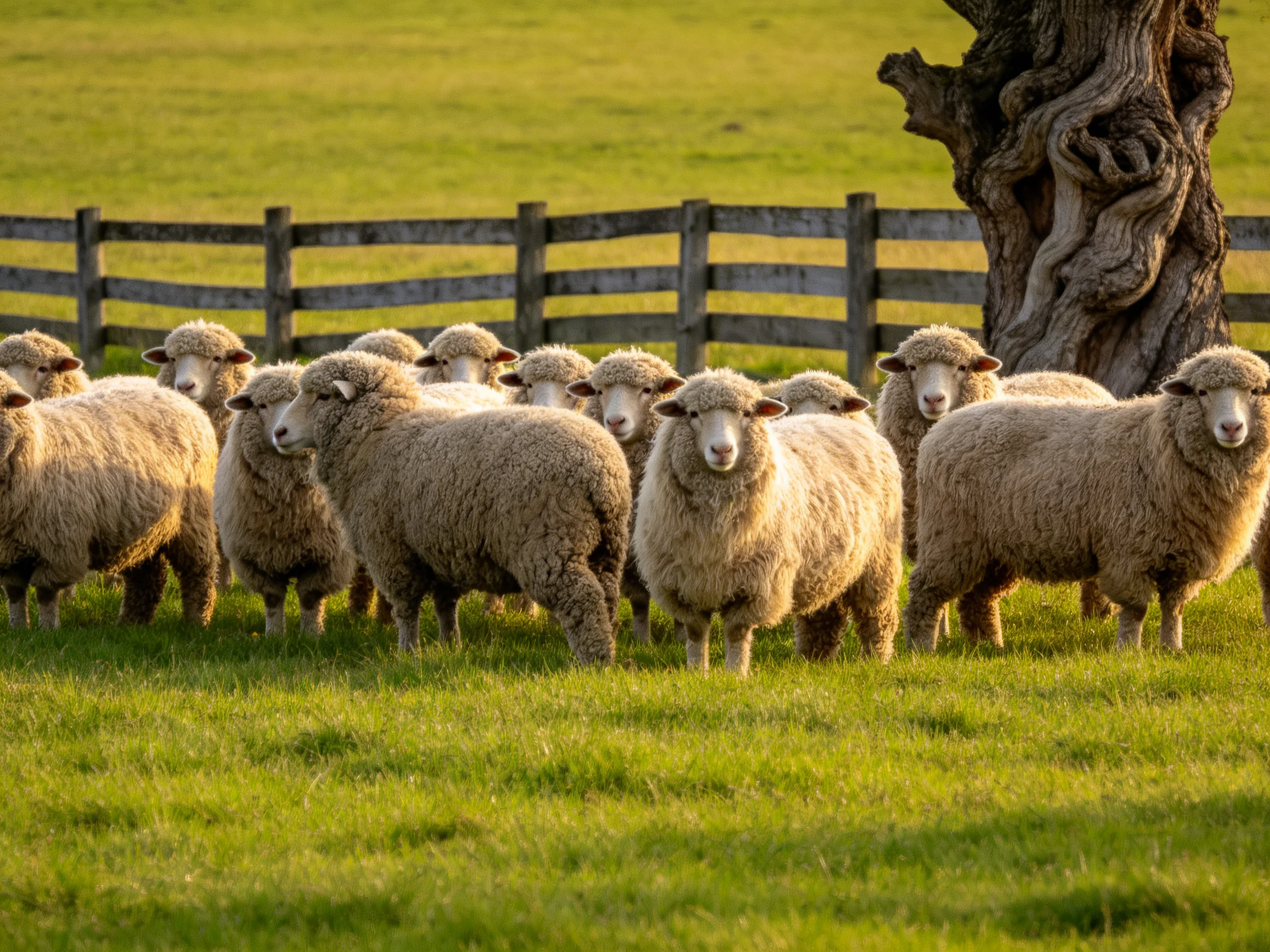 A flock of woolly sheep near a gnarled old tree