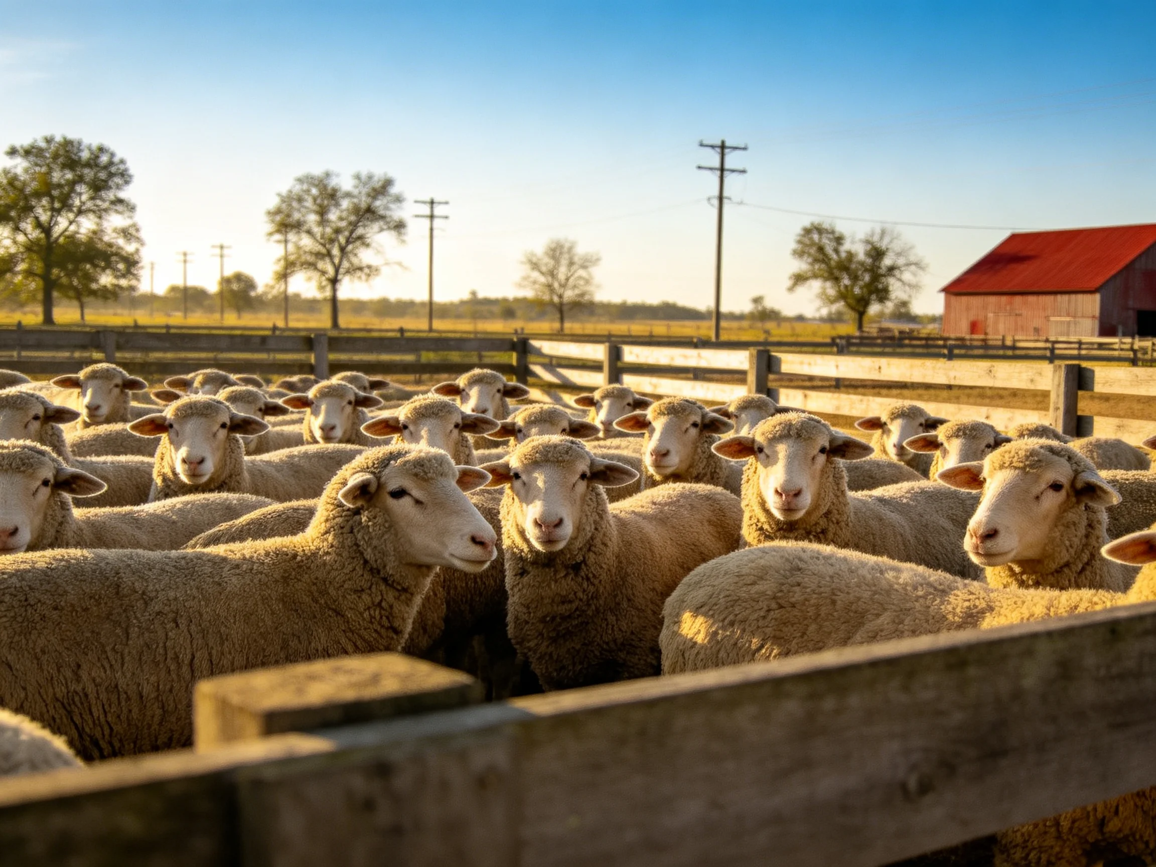 A flock of woolly sheep near a red barn and wooden fences