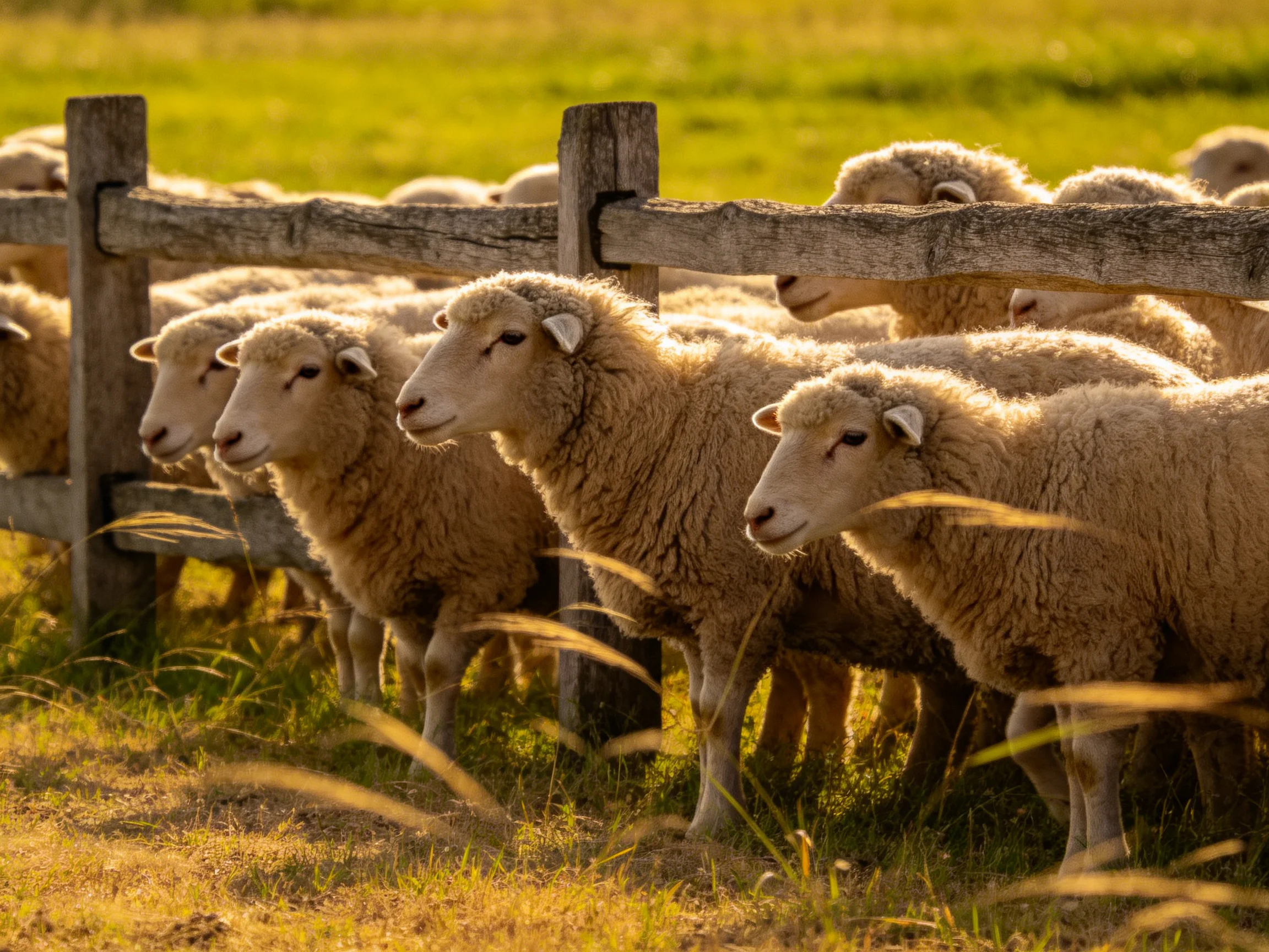 A flock of woolly sheep near a weathered wooden fence in a sunlit pasture