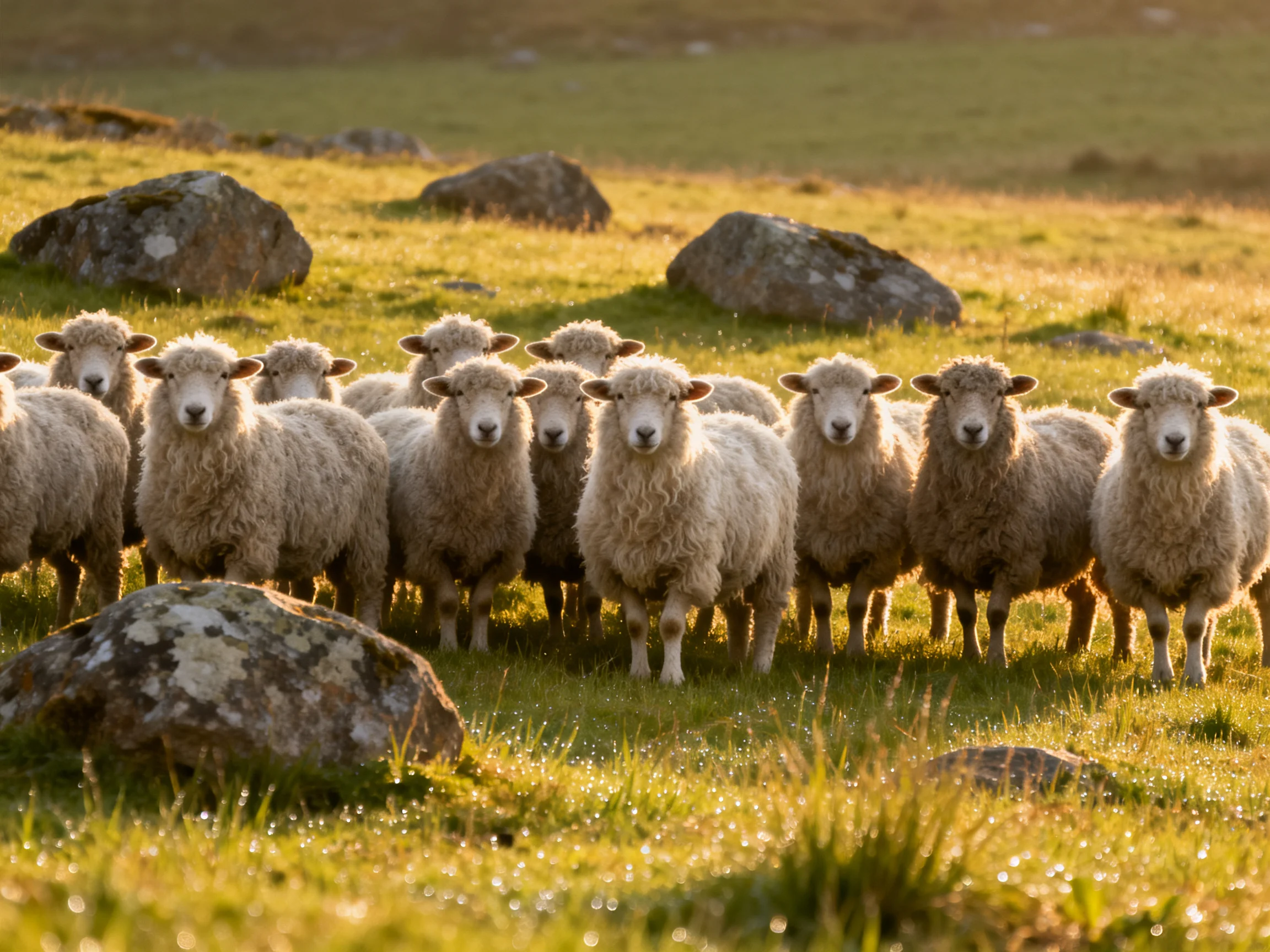 A flock of woolly sheep near large rocks in a sunlit meadow