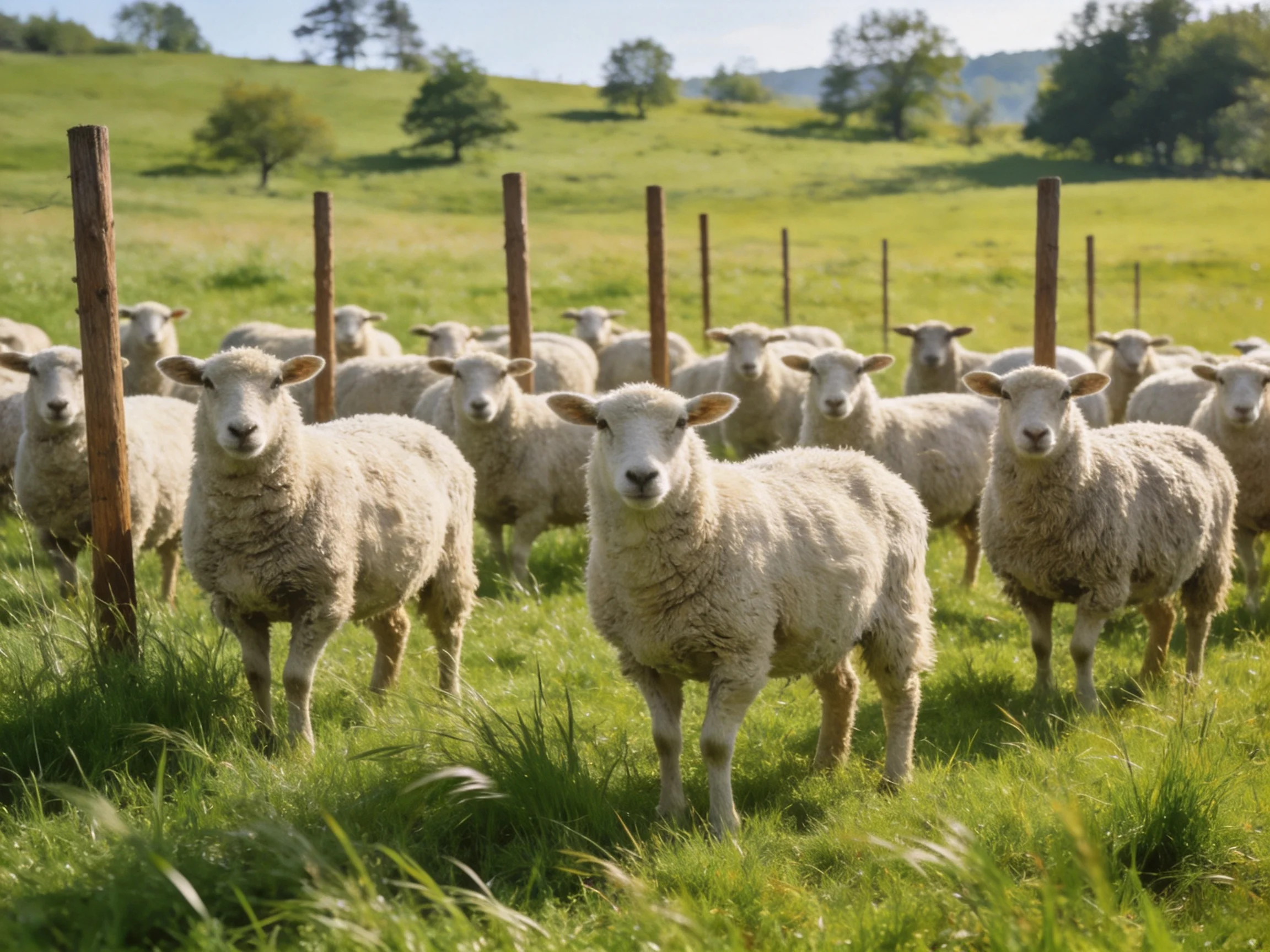 A flock of woolly sheep near wooden fence posts
