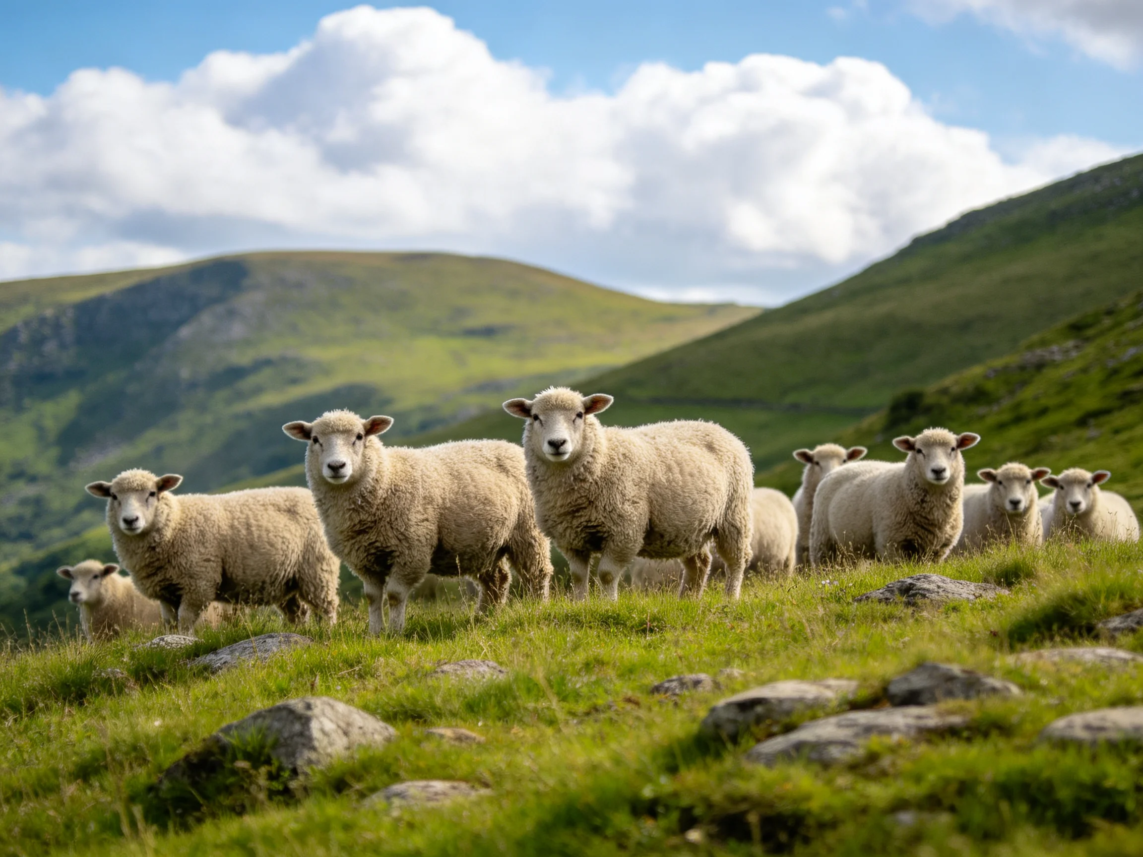 A flock of woolly sheep on a lush green hillside with rolling mountains