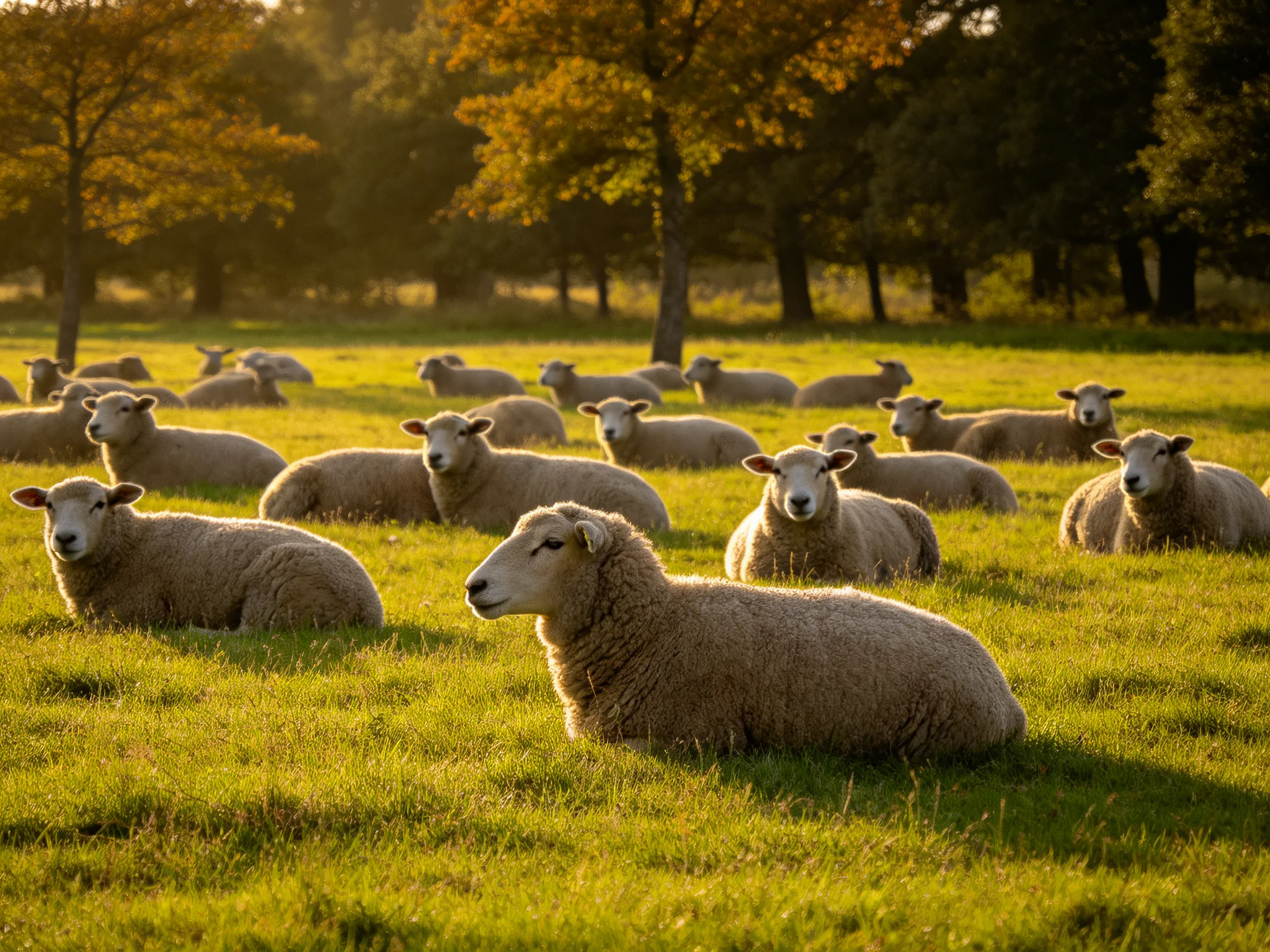 A flock of woolly sheep resting in sunlit green pasture