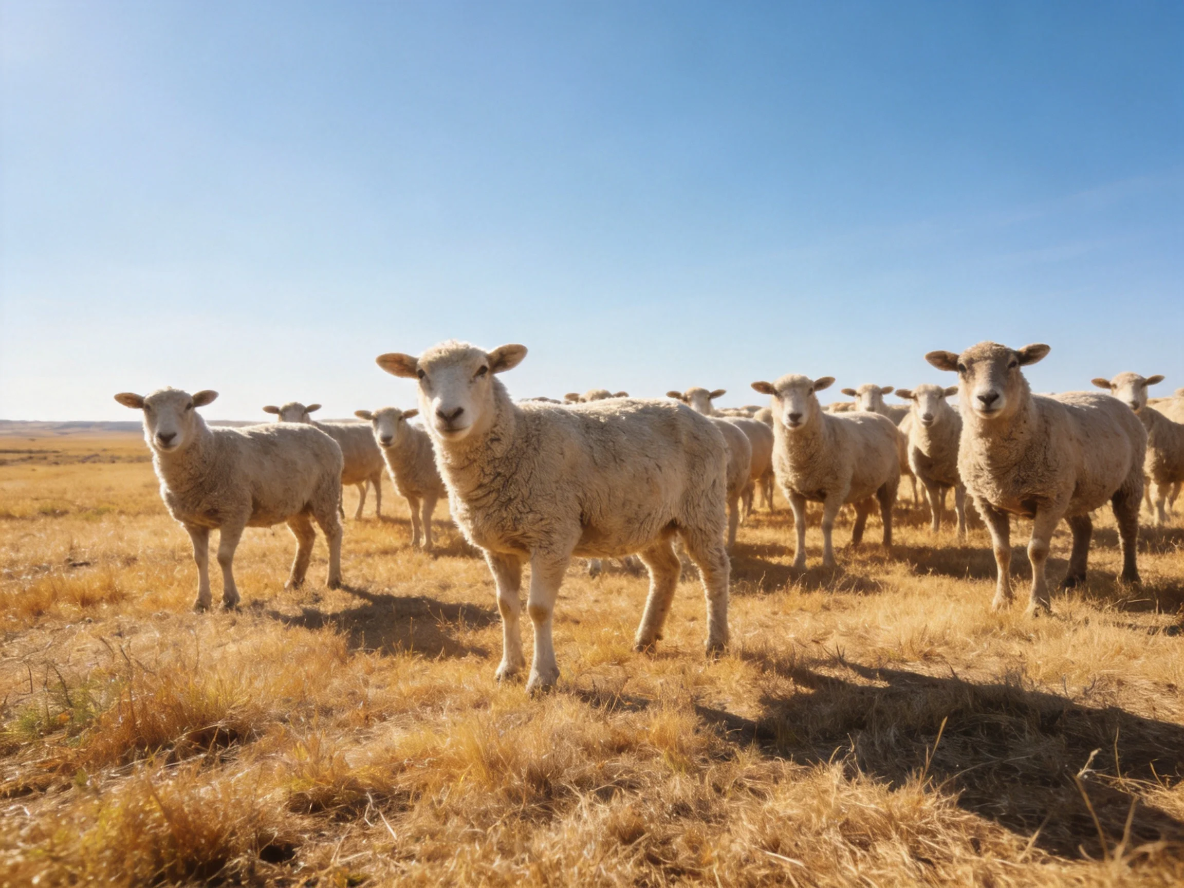 A flock of woolly sheep stands in golden grassland under clear blue sky