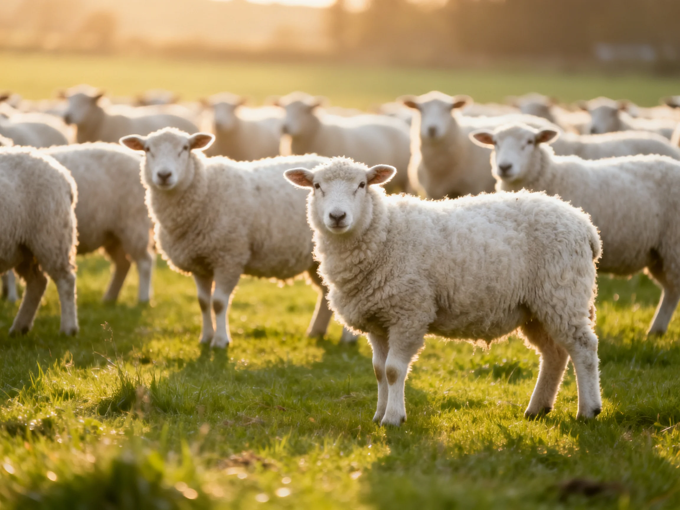 A flock of woolly white lambs in a sunlit green pasture