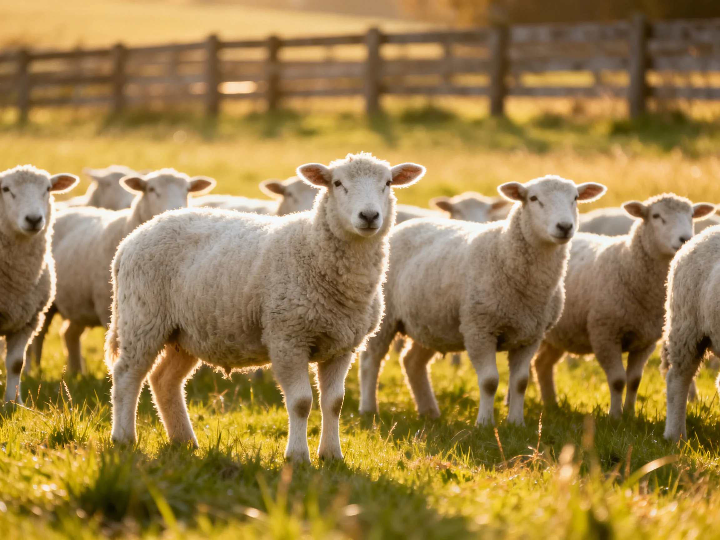 A flock of woolly white lambs in sunlit green pasture