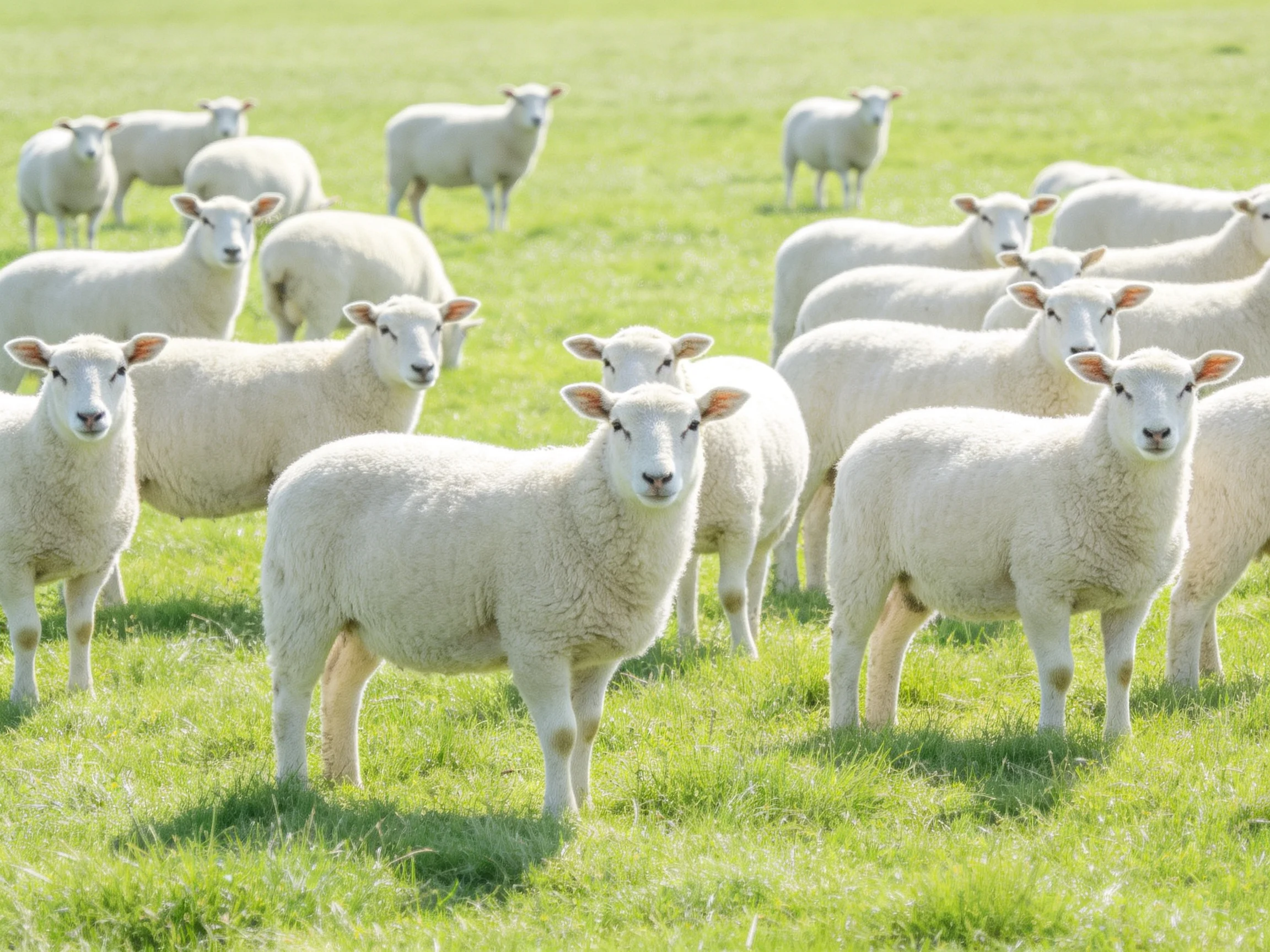 A flock of woolly white sheep in a sunlit green pasture