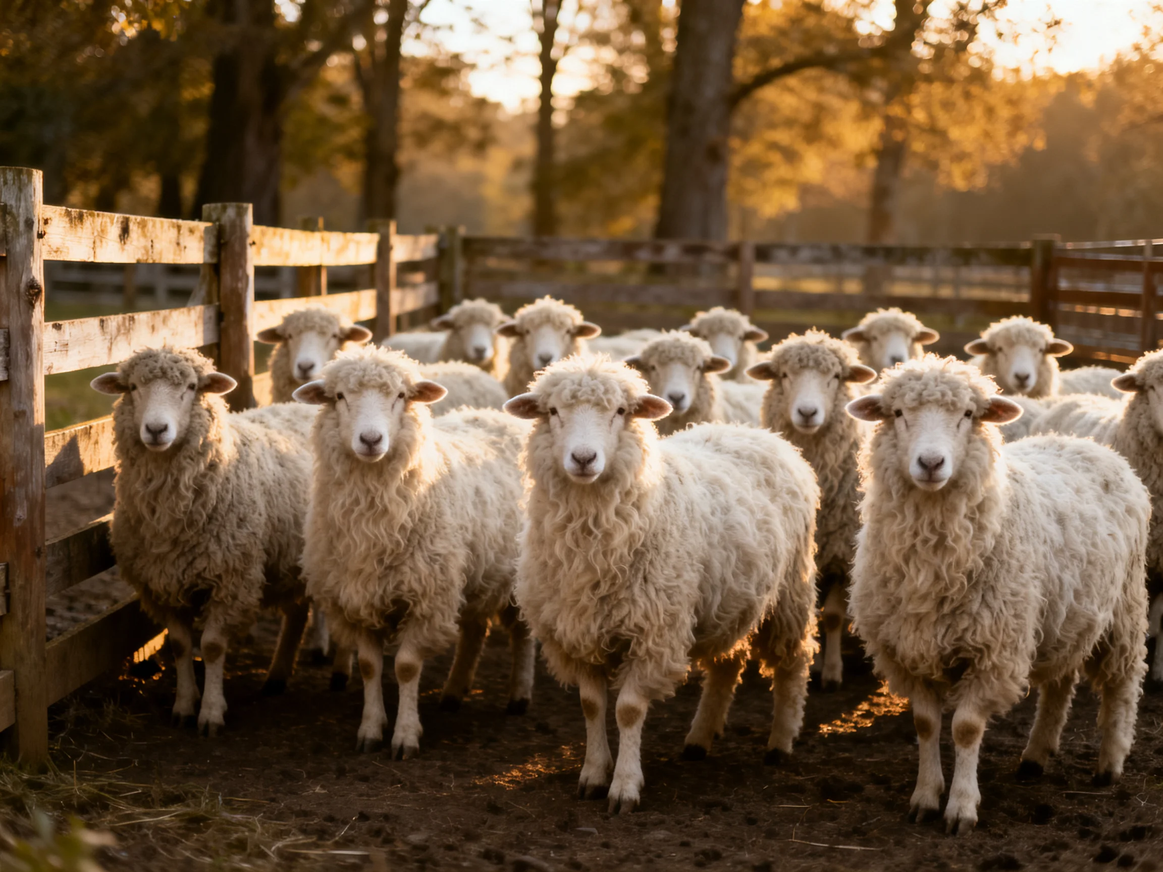 A flock of woolly white sheep in a wooden fenced enclosure