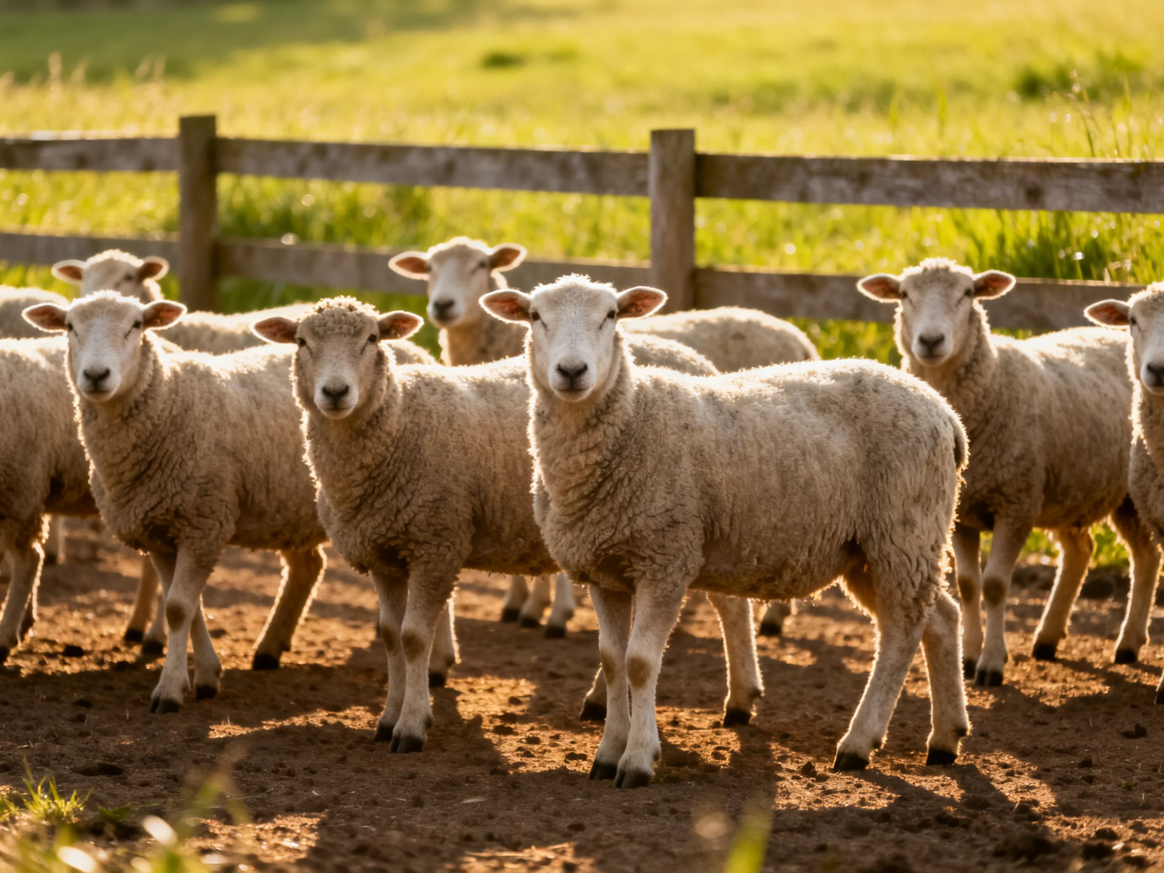 A flock of woolly white sheep near a wooden fence