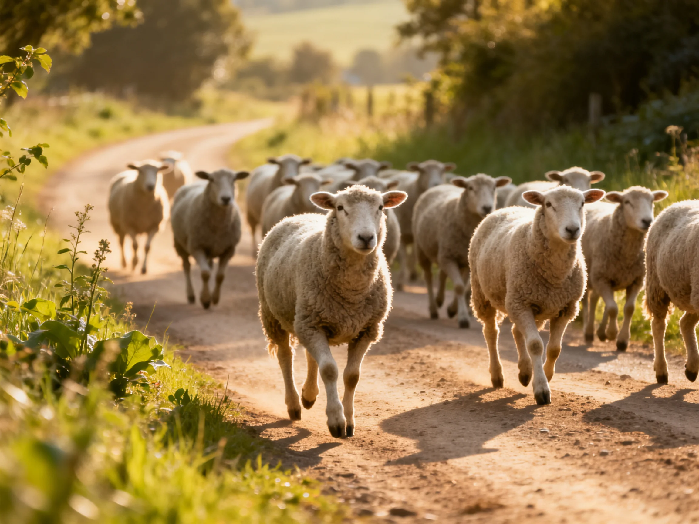A flock of woolly white sheep running down a sunlit dirt road