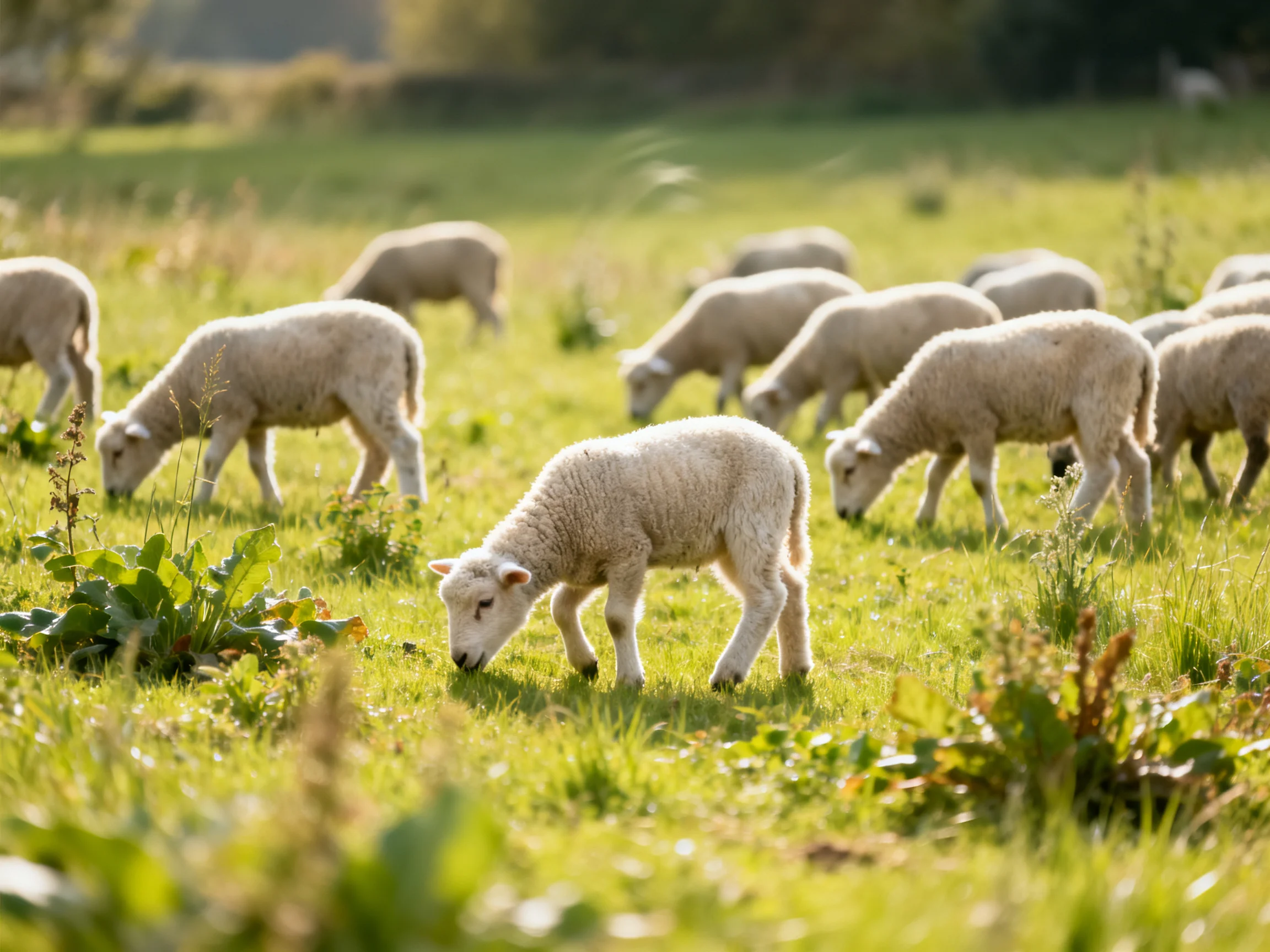 A flock of young lambs grazing in a sunlit green pasture