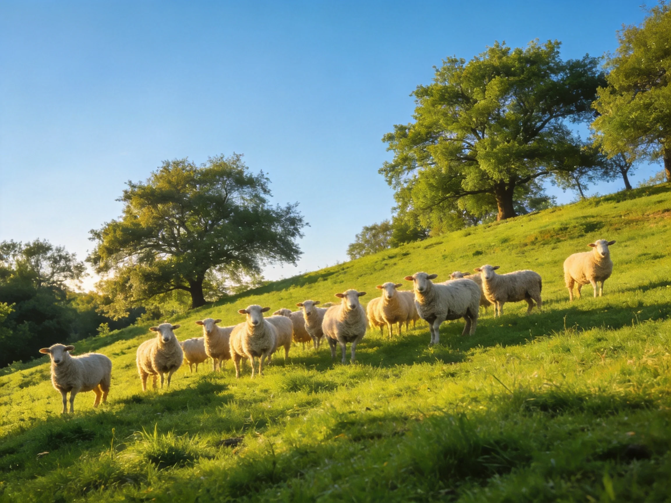 Sheep gather on a sunlit green hillside near large trees