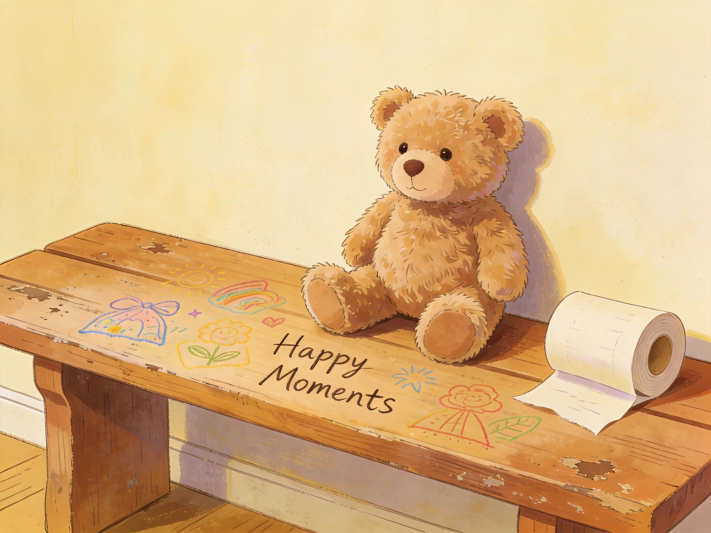 A fluffy brown teddy bear sits on a decorated wooden bench
