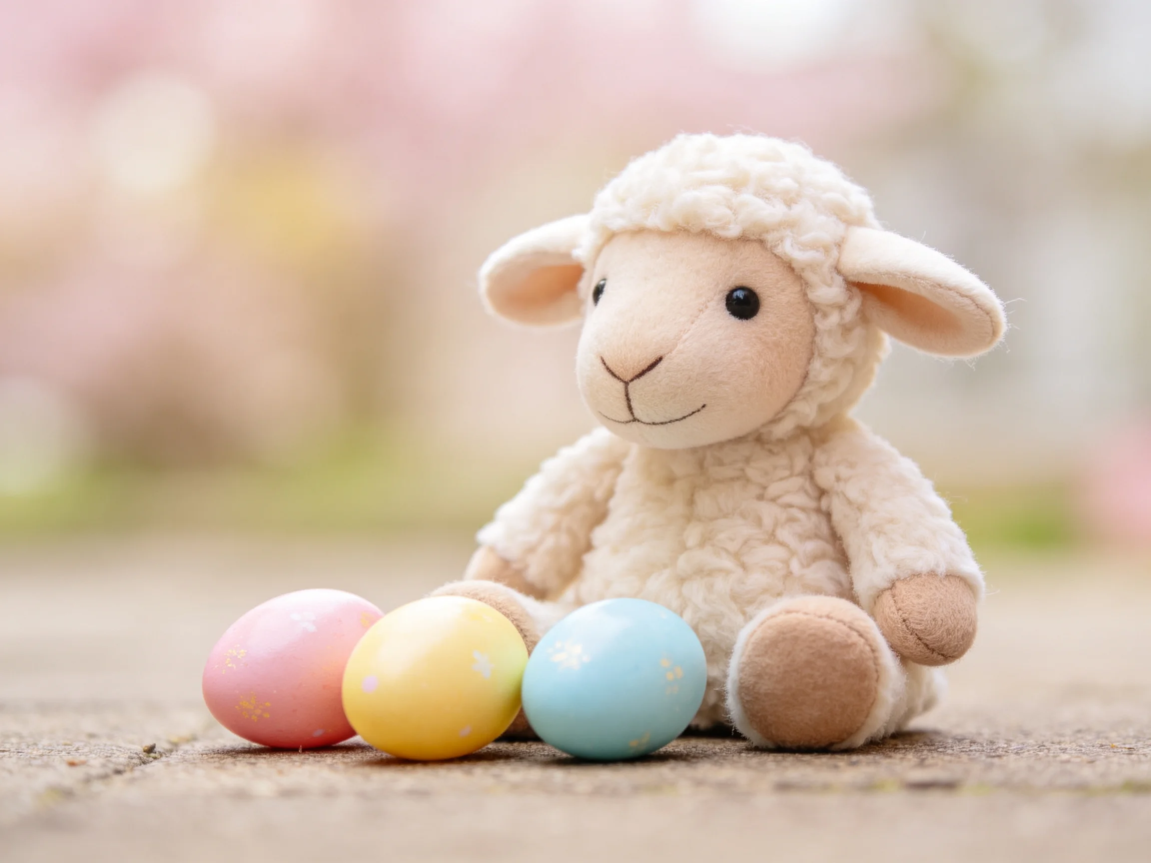 A fluffy cream sheep toy beside pink, yellow, blue Easter eggs