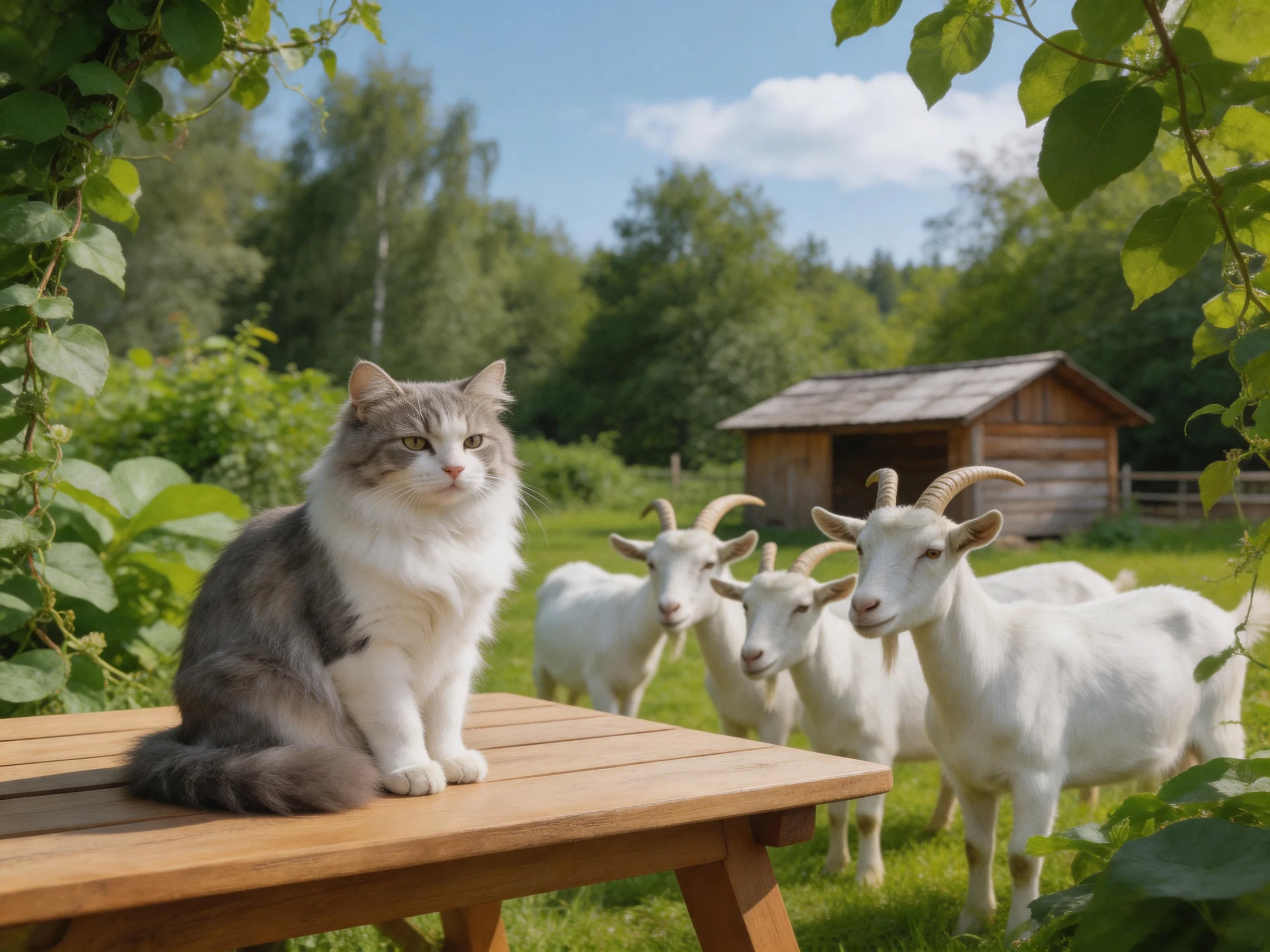 A fluffy gray-and-white cat sits near curious white goats