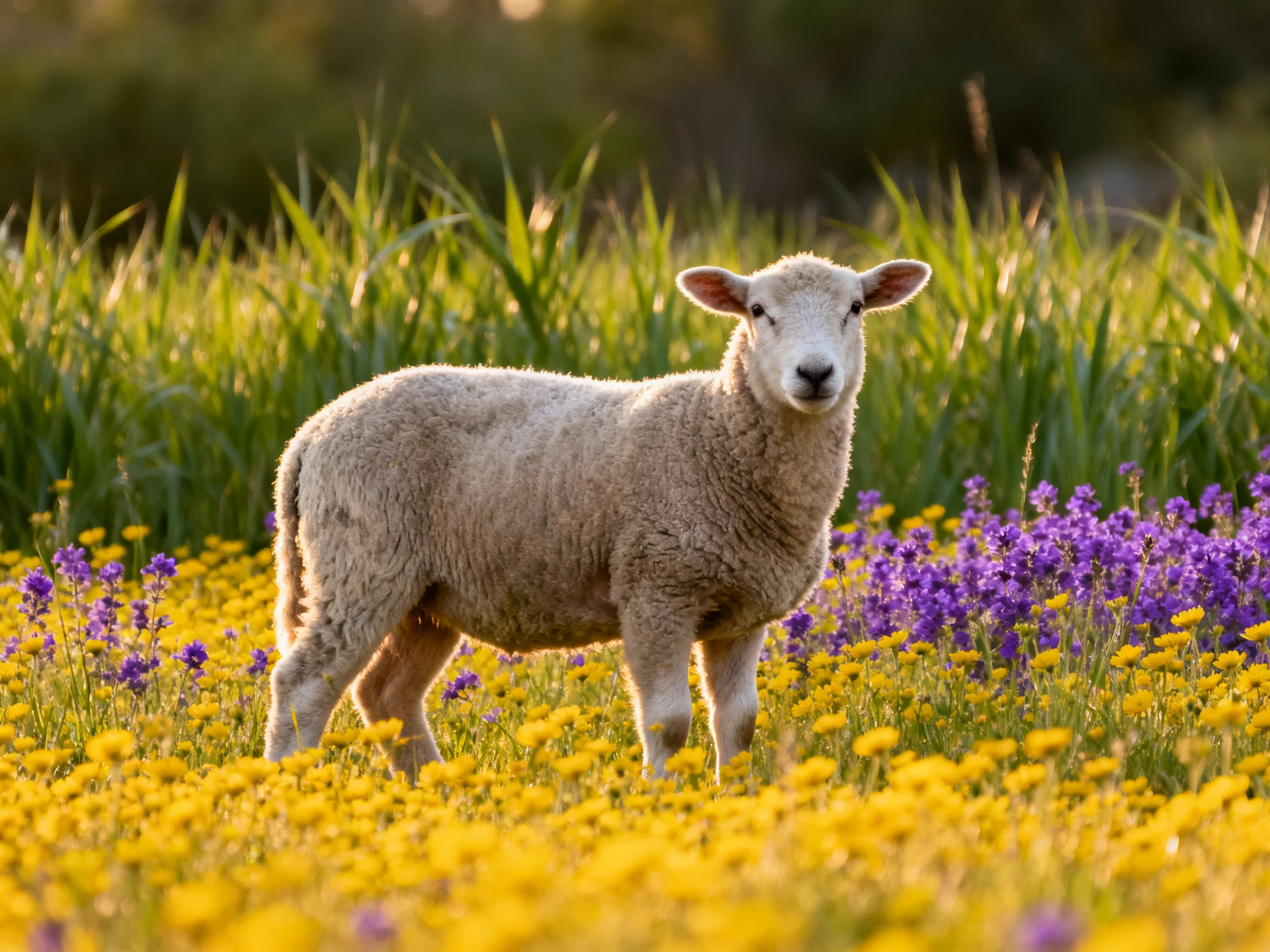 A fluffy lamb amidst vibrant yellow and purple wildflowers