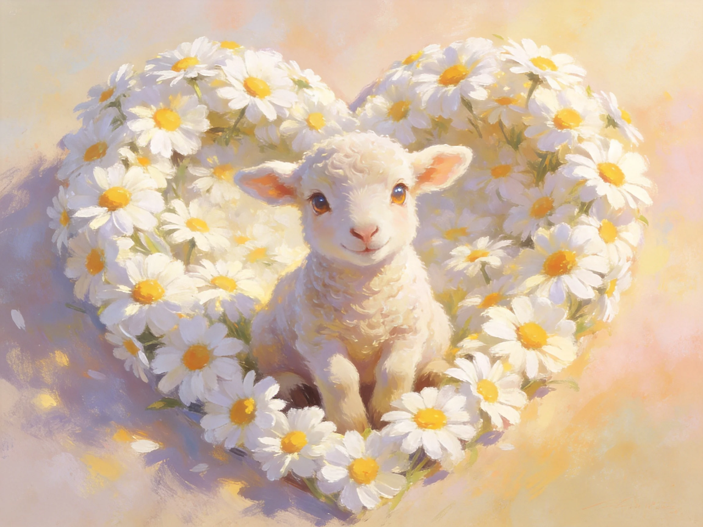A fluffy lamb sitting inside a daisy heart arrangement