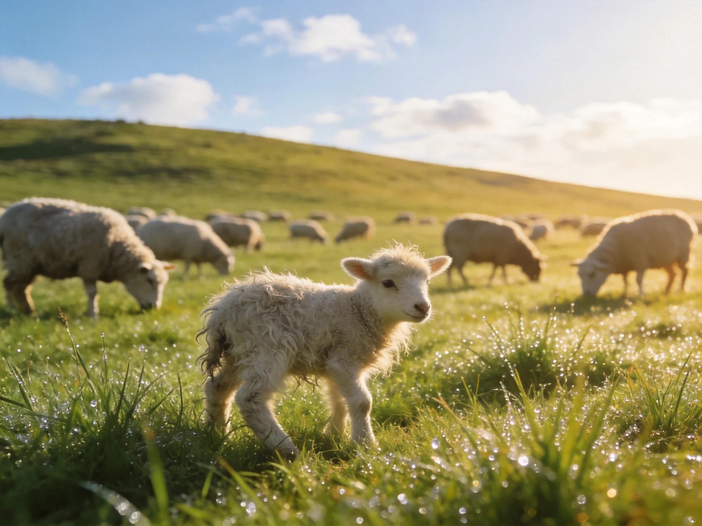 A fluffy lamb stands among grazing sheep in a dewy green meadow