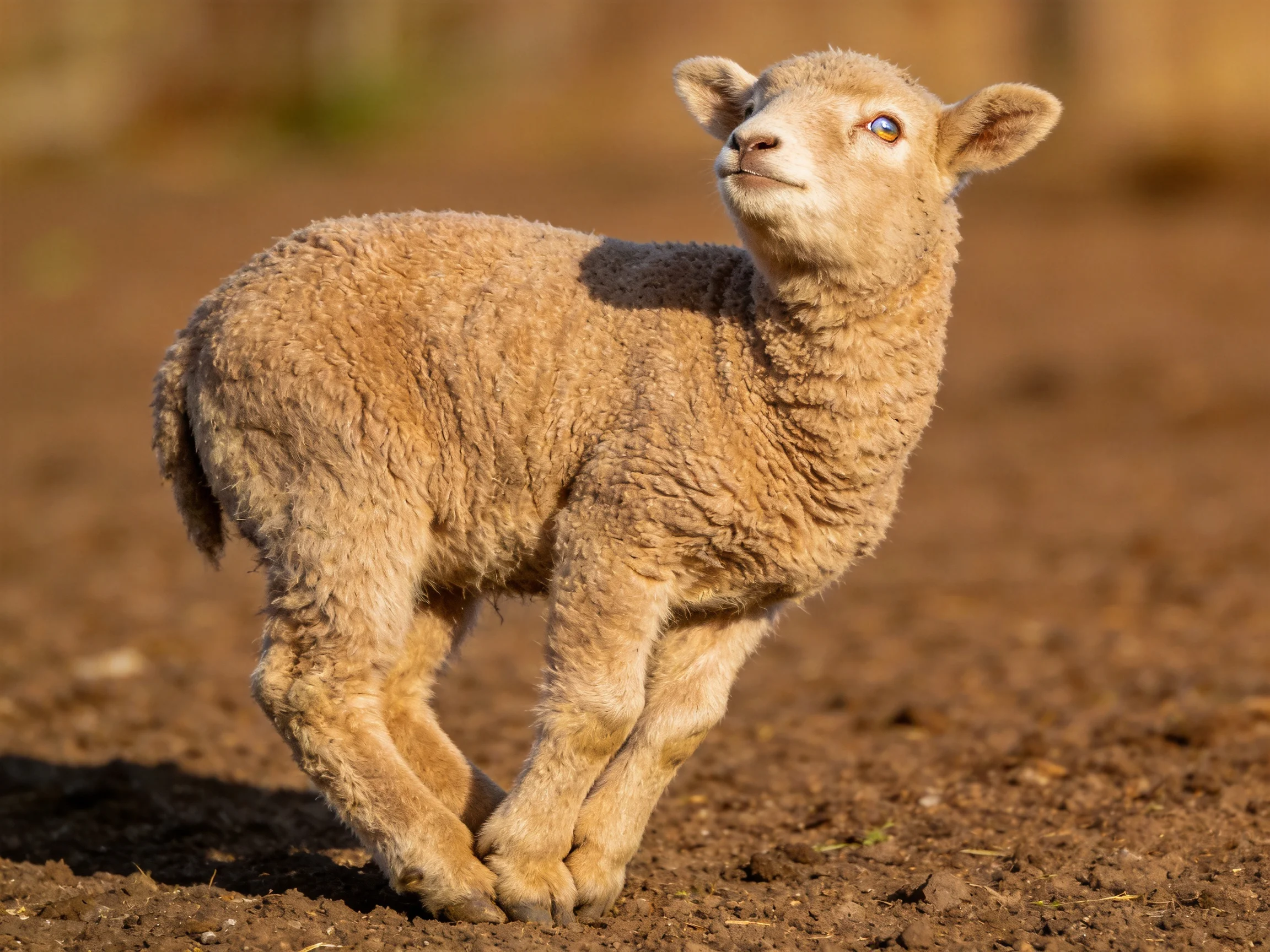 A fluffy light-brown lamb on reddish soil