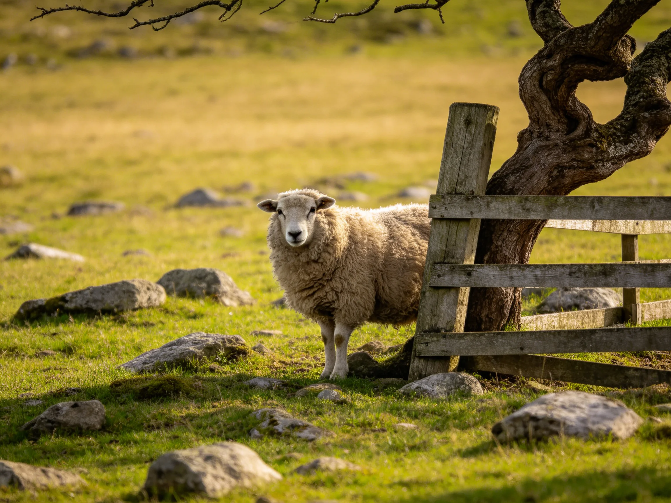 A fluffy sheep by a wooden fence near a gnarled tree