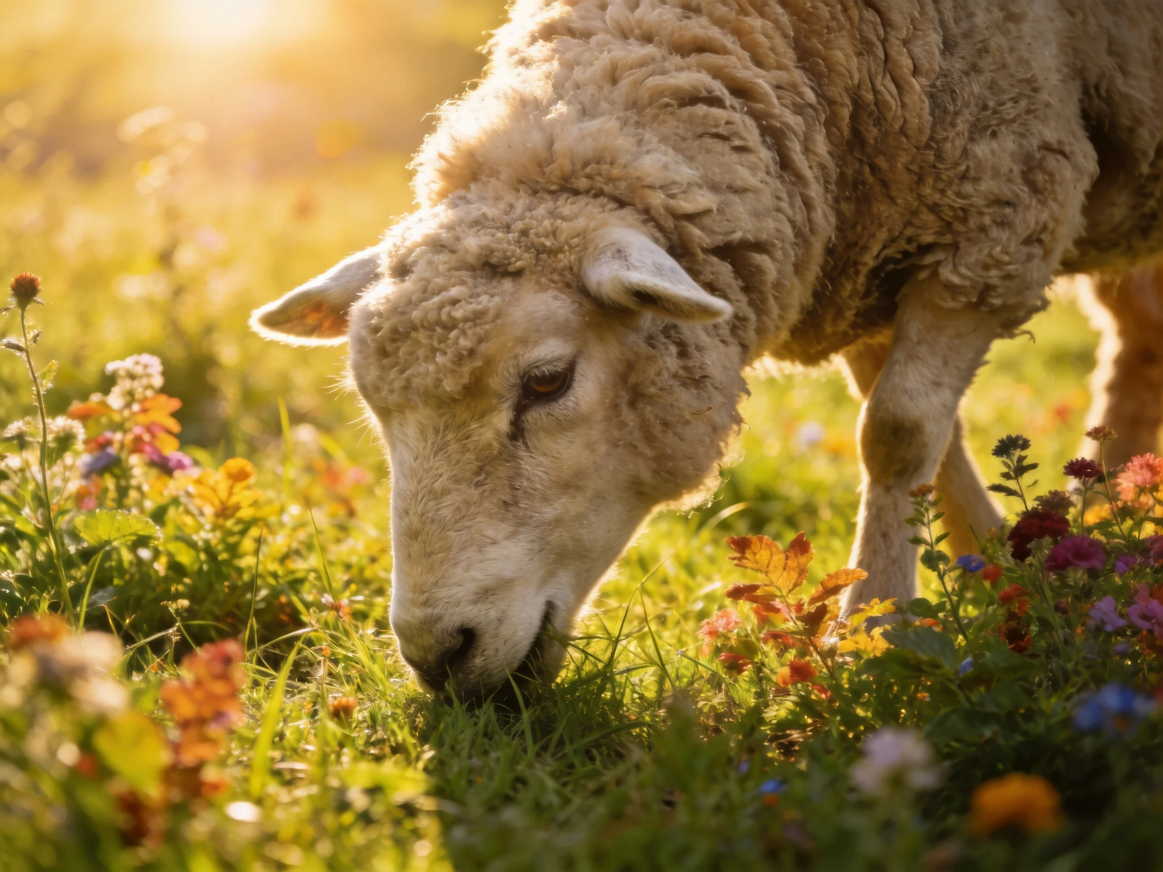 A fluffy sheep grazes among colorful wildflowers in golden sunlight