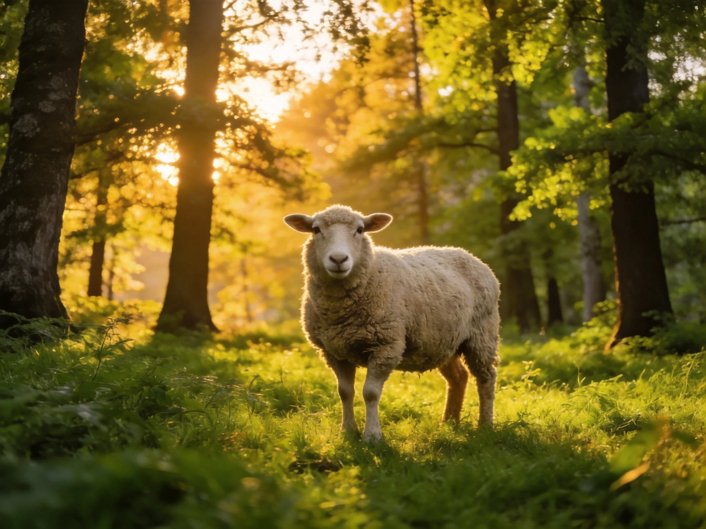 A fluffy sheep in sunlit forest surroundings