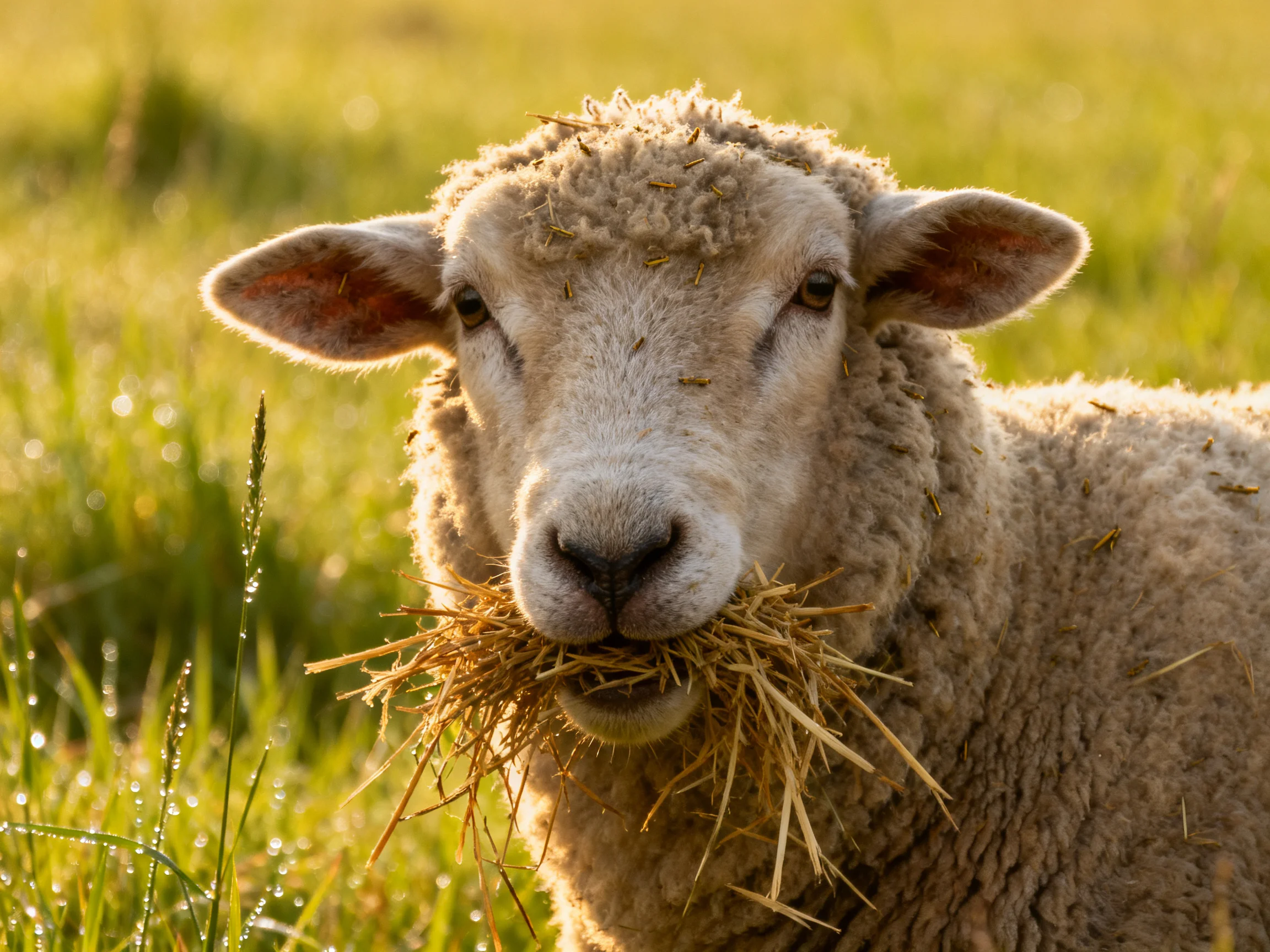 A fluffy sheep munching hay in a sunlit green meadow