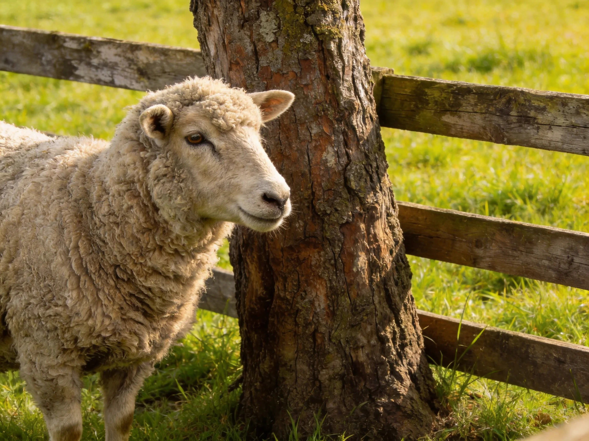 A fluffy sheep near a tree by a wooden fence