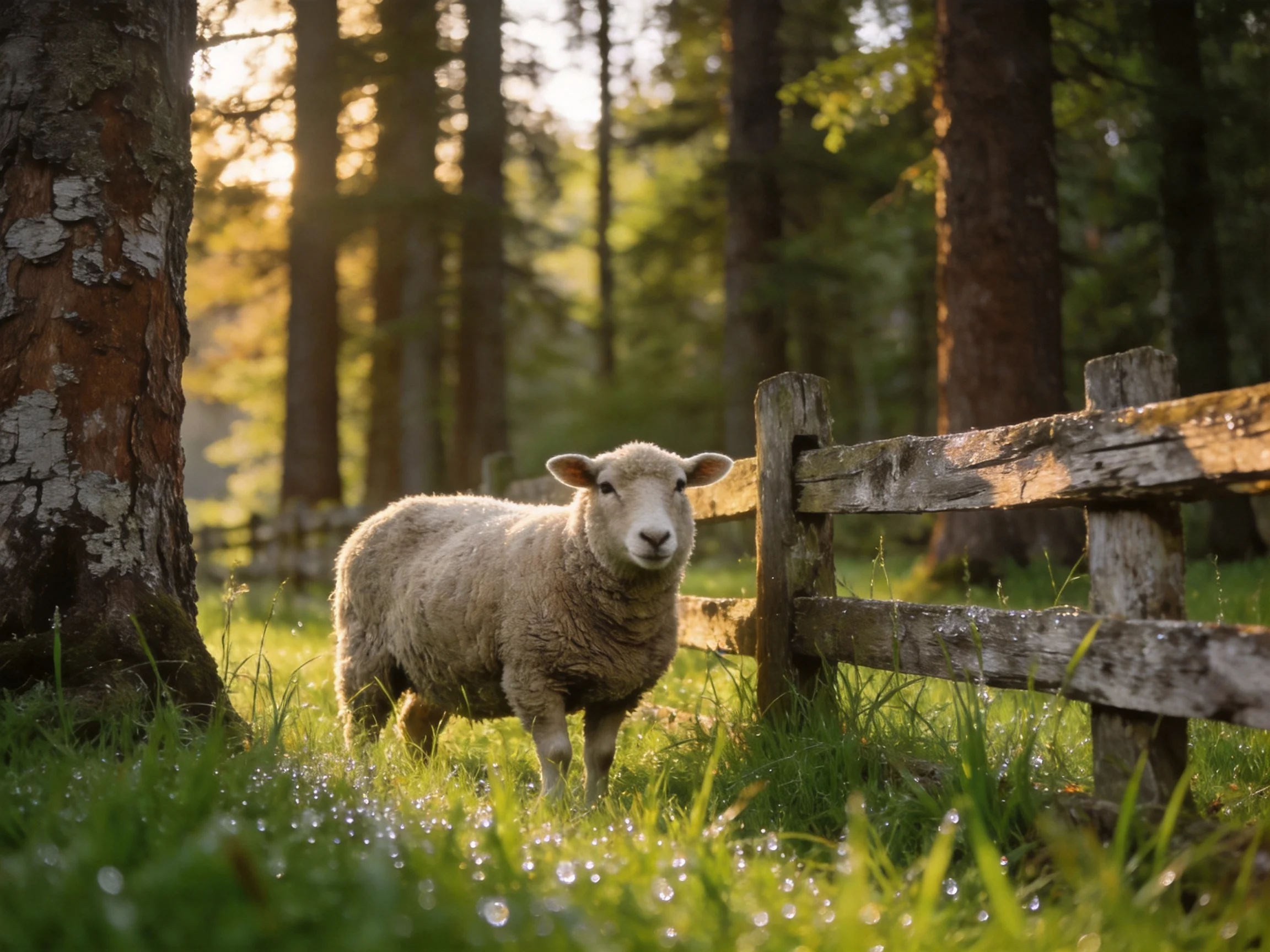 A fluffy sheep near a weathered wooden fence in a sunlit forest