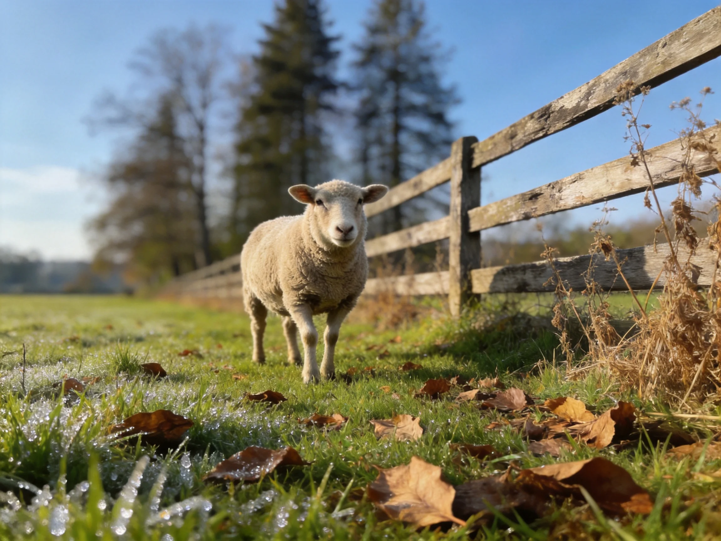 A fluffy sheep near an aged wooden fence in frosty autumn grass