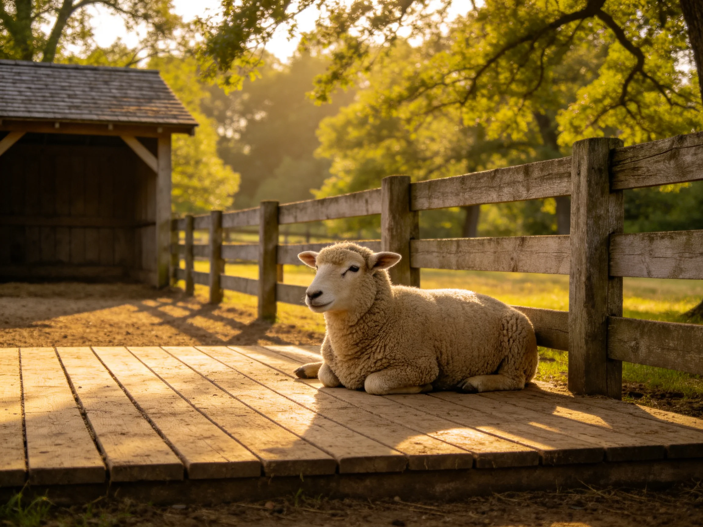 A sheep relaxes on a wooden platform beside a wooden fence in a sunlit rural setting.