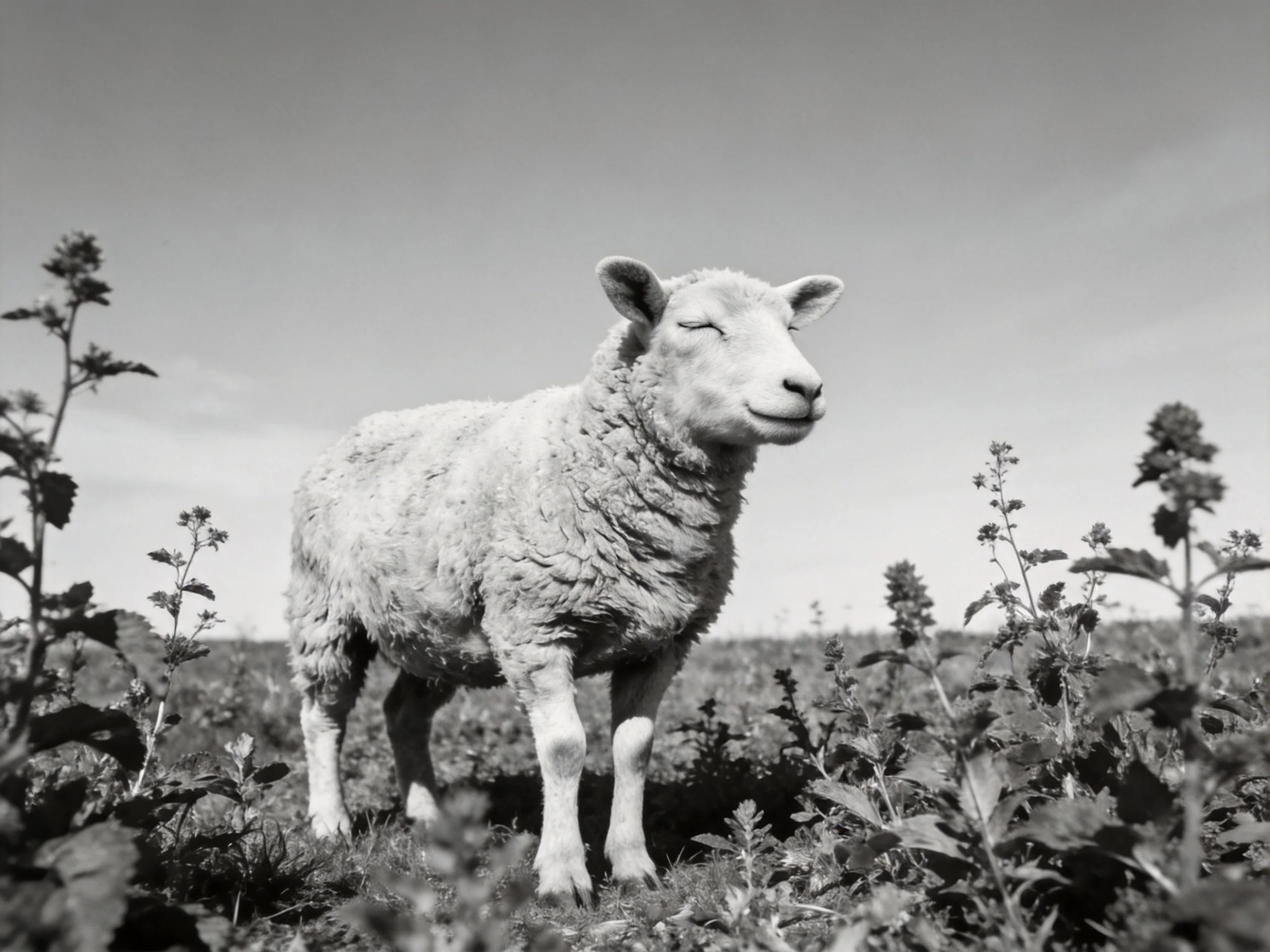 A sheep stands among plants in a monochrome outdoor scene