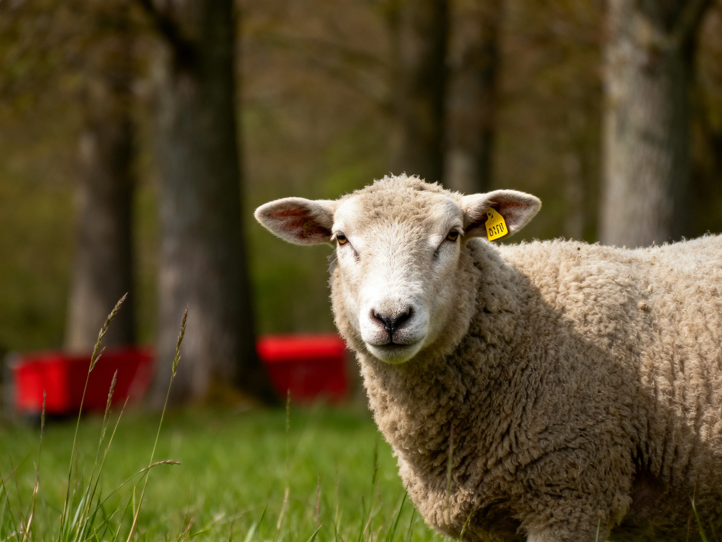 A fluffy sheep stands in a grassy field near tall trees