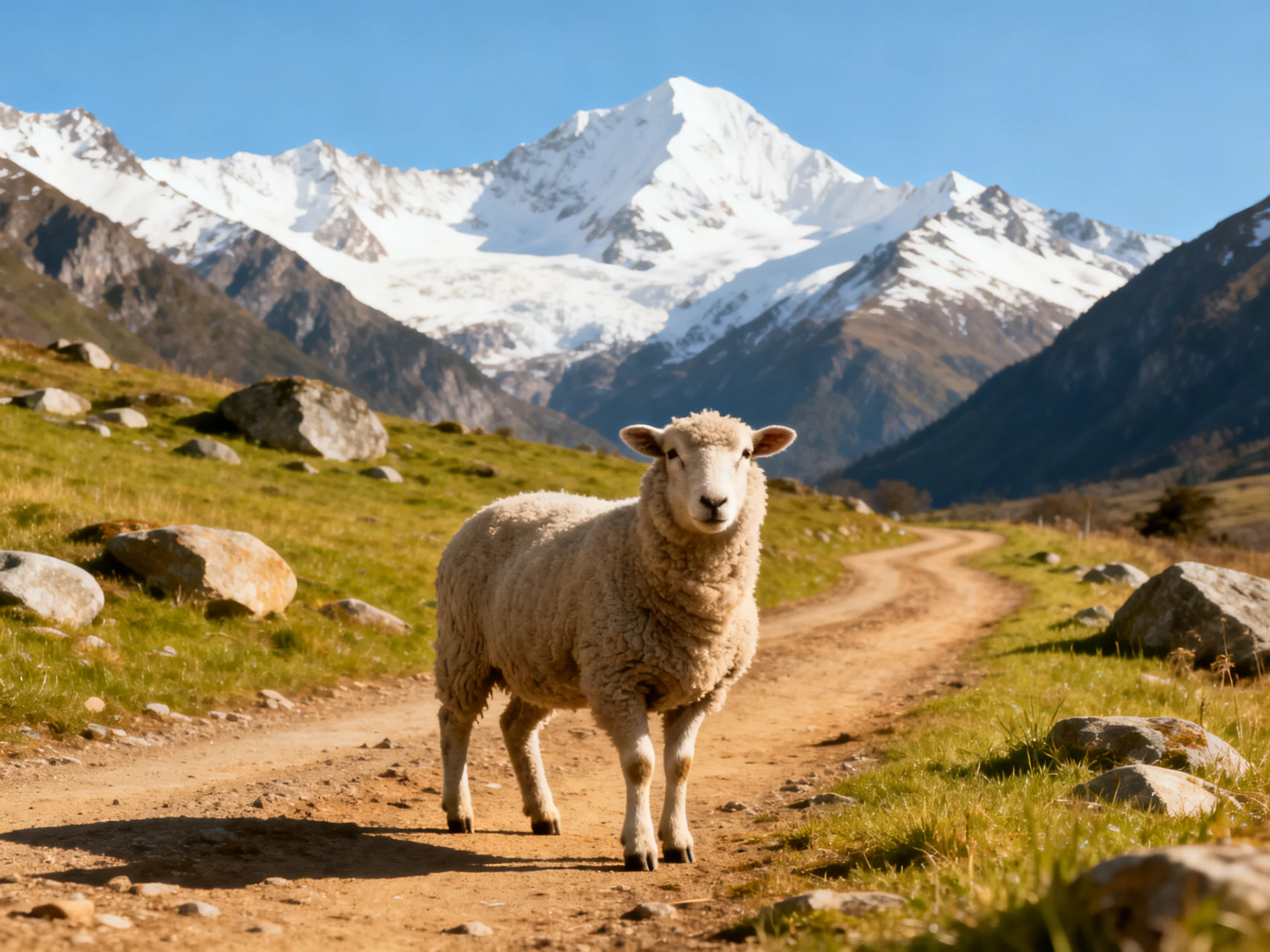 A fluffy sheep stands on a dusty mountain path near snow - capped peaks