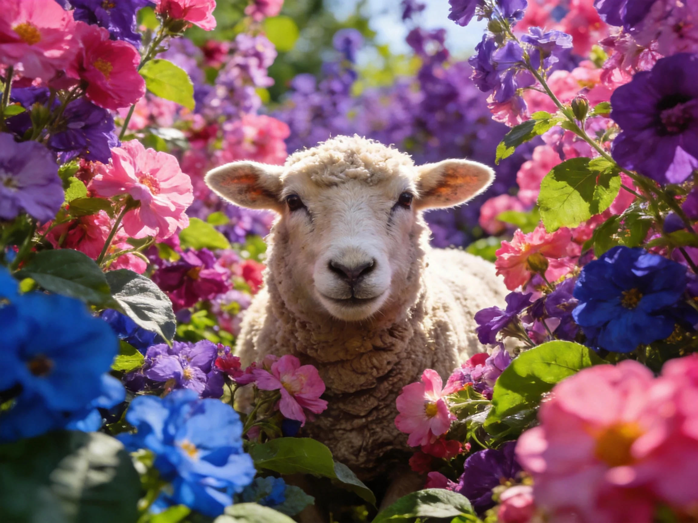 A fluffy sheep surrounded by vibrant pink, purple, and blue flowers