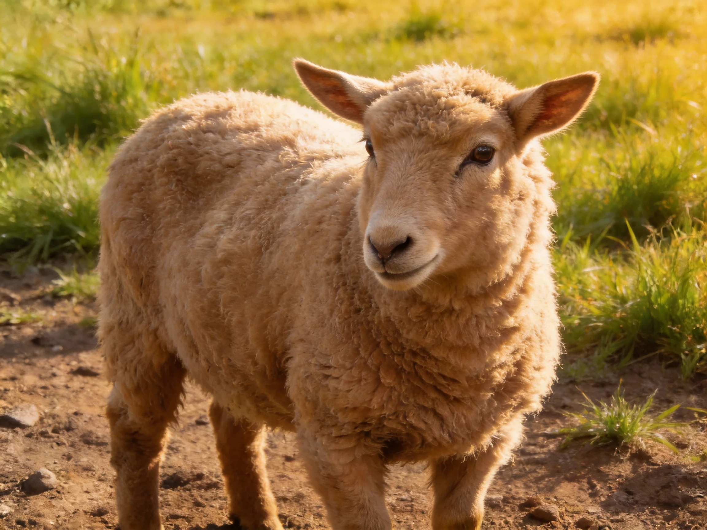 A fluffy tan lamb stands near green grass and earthy soil