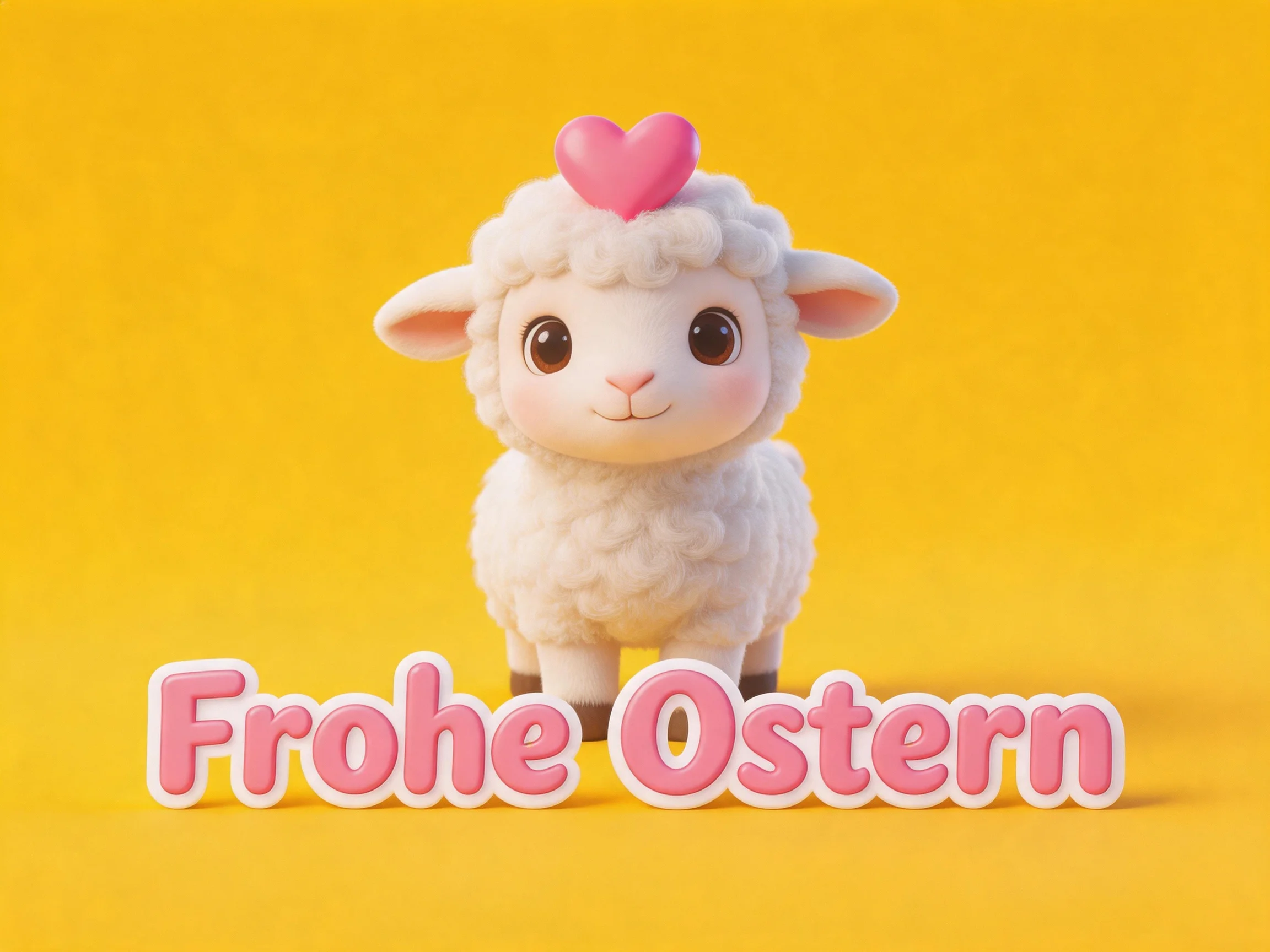 A fluffy white Easter lamb with a pink heart on a bright yellow background, Frohe Ostern text