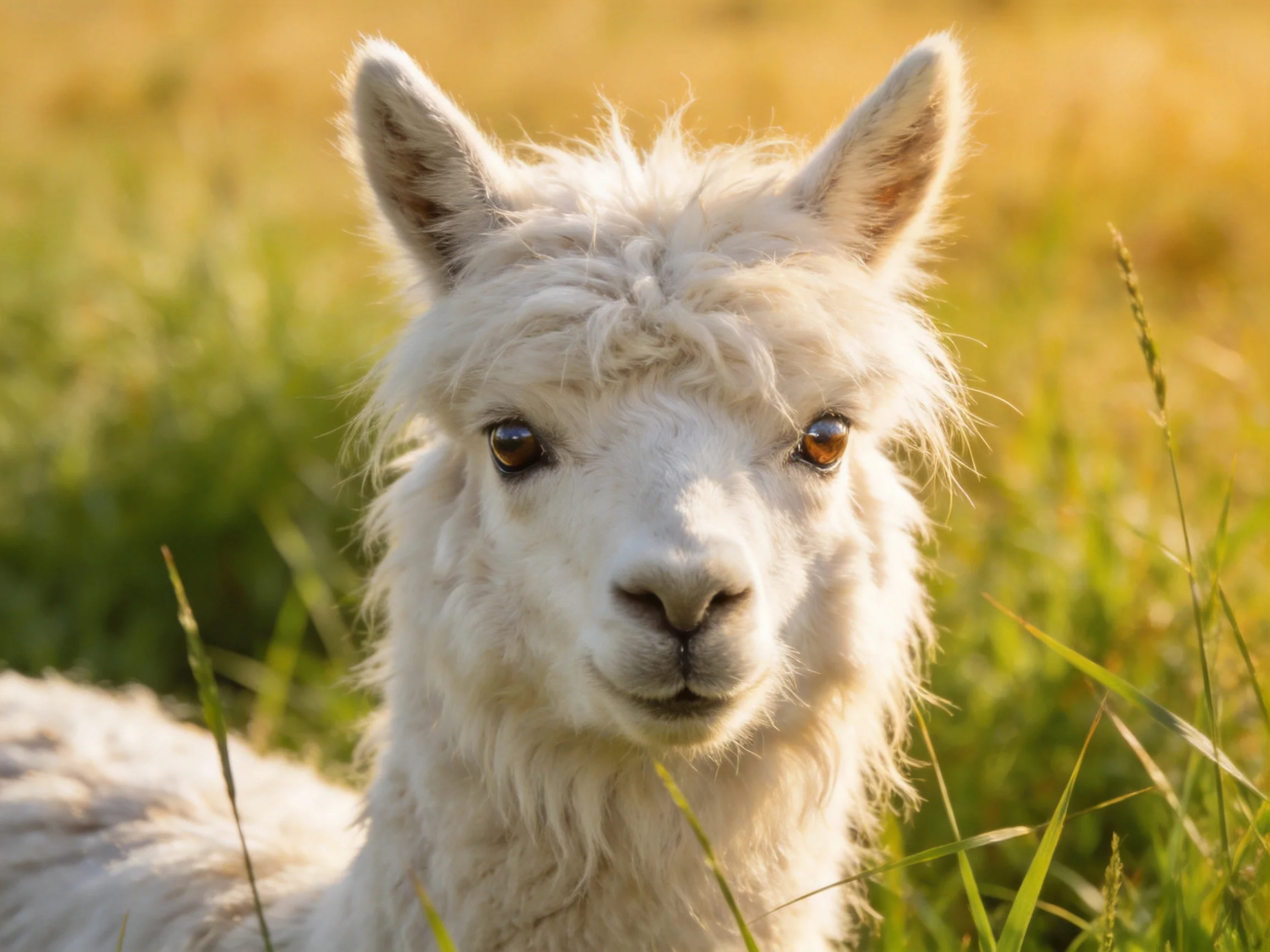 A fluffy white alpaca with brown eyes in sunlit grassland