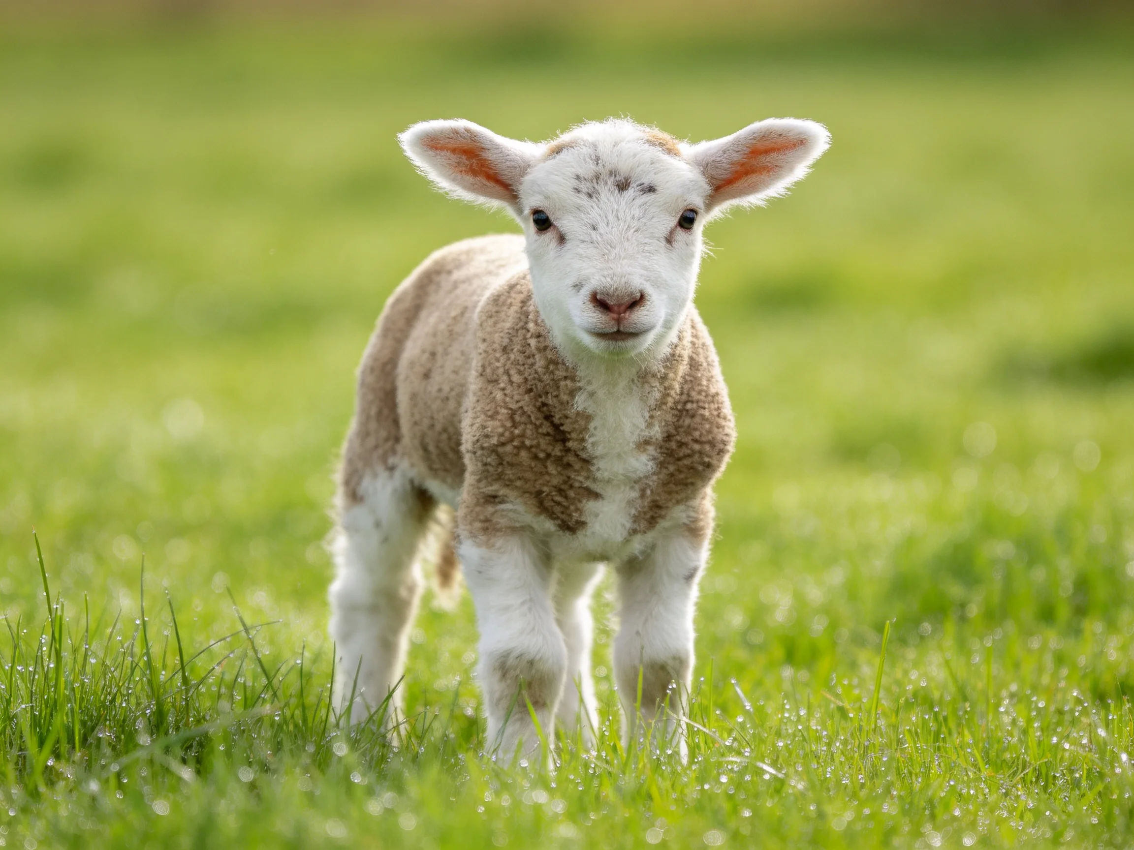 A young sheep with mixed fur colors stands in a verdant meadow.