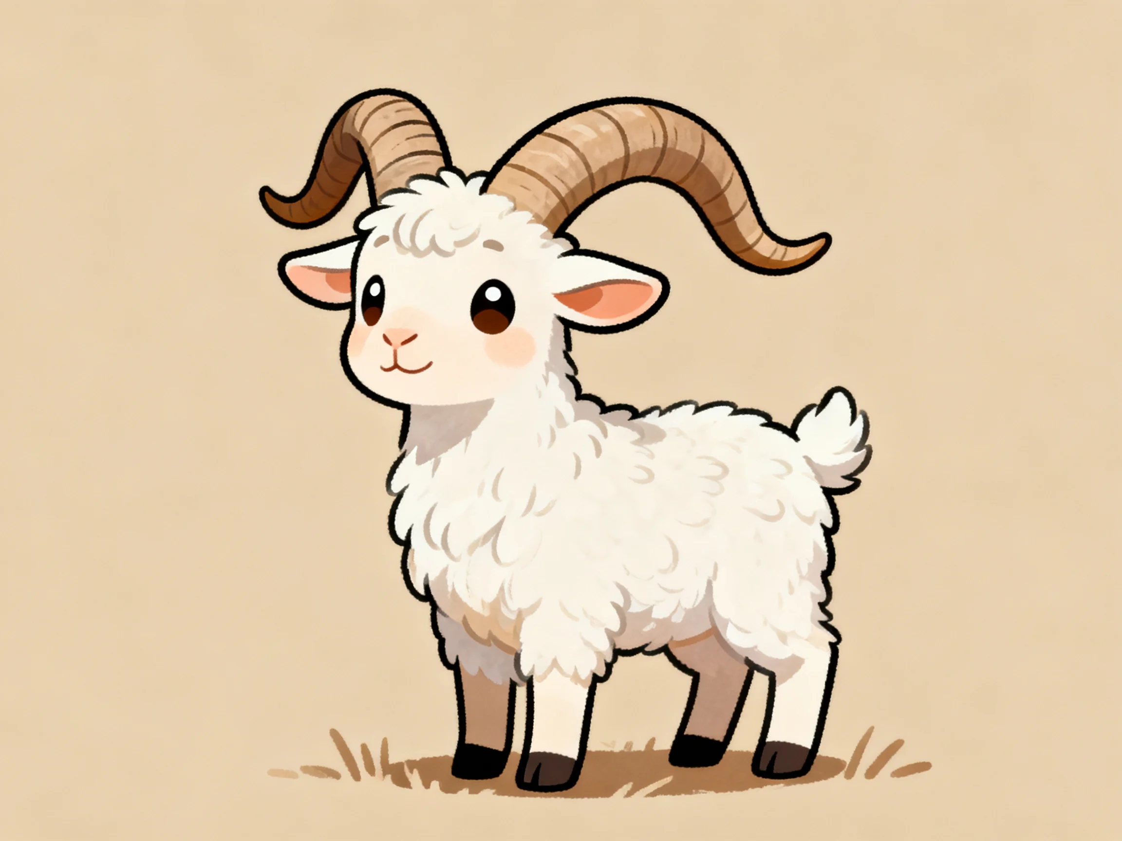 A fluffy white cartoon goat with large curved brown horns