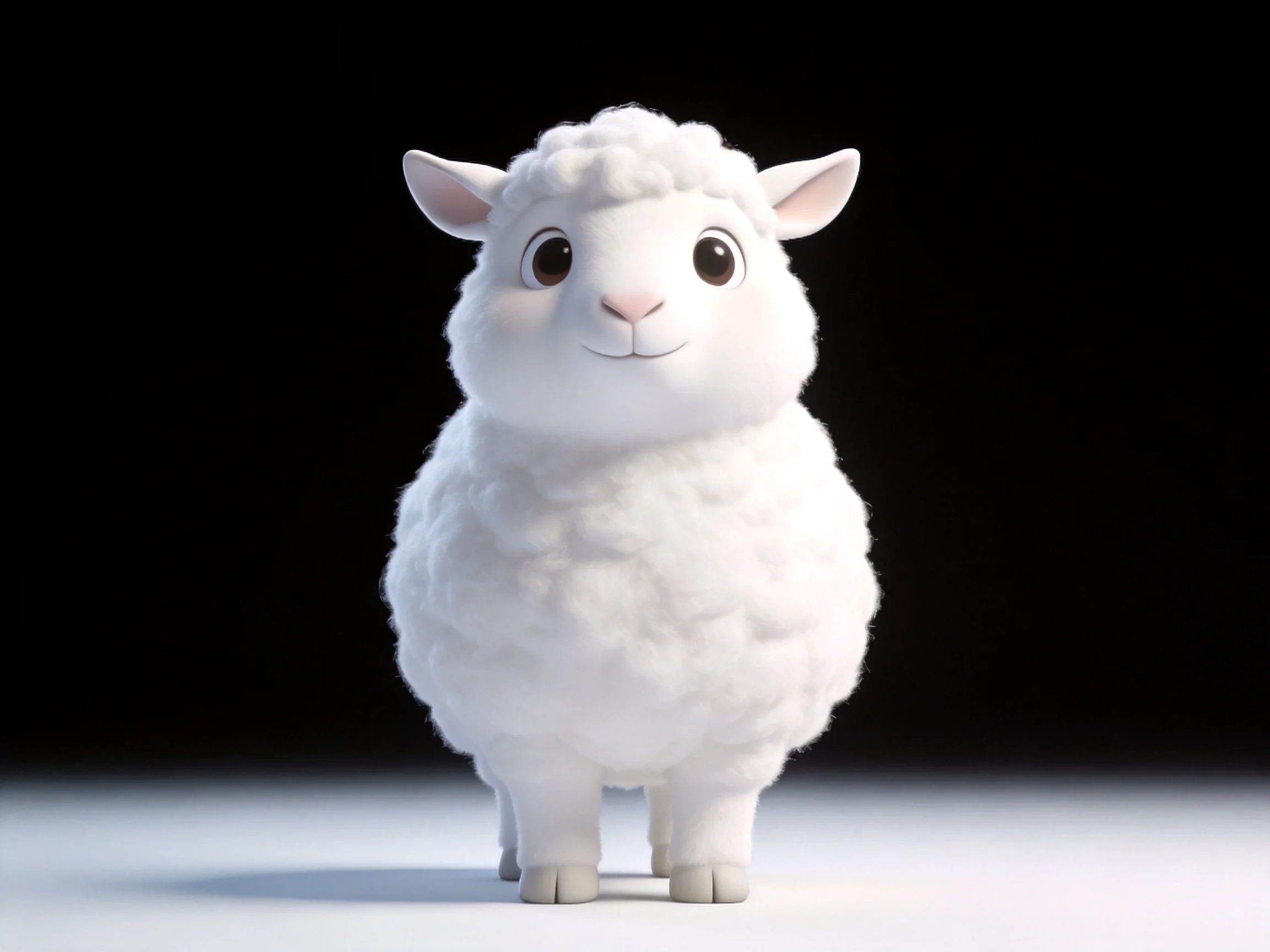 A fluffy white cartoon sheep standing against a black background