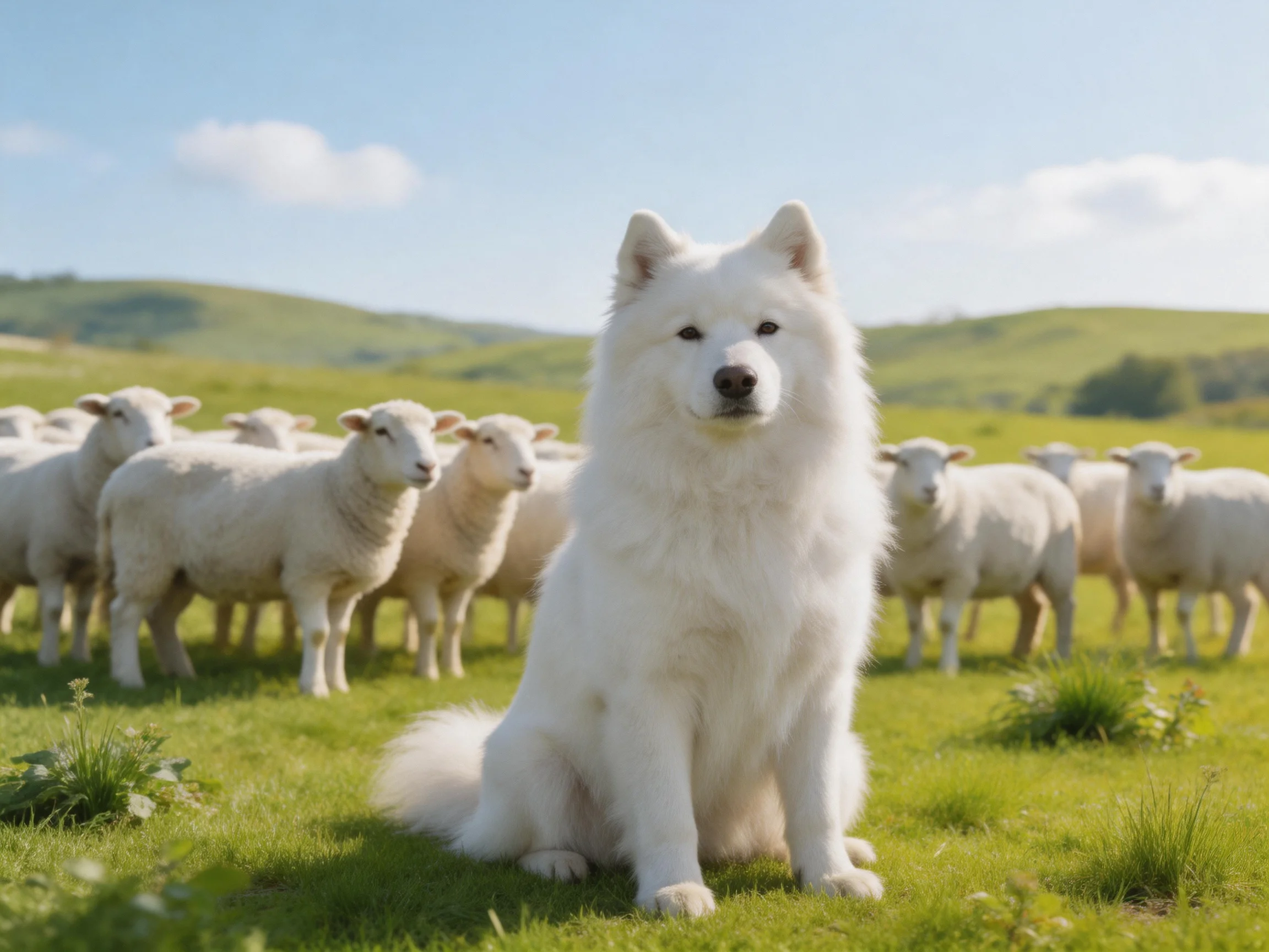 A fluffy white dog sits among sheep in a sunny meadow
