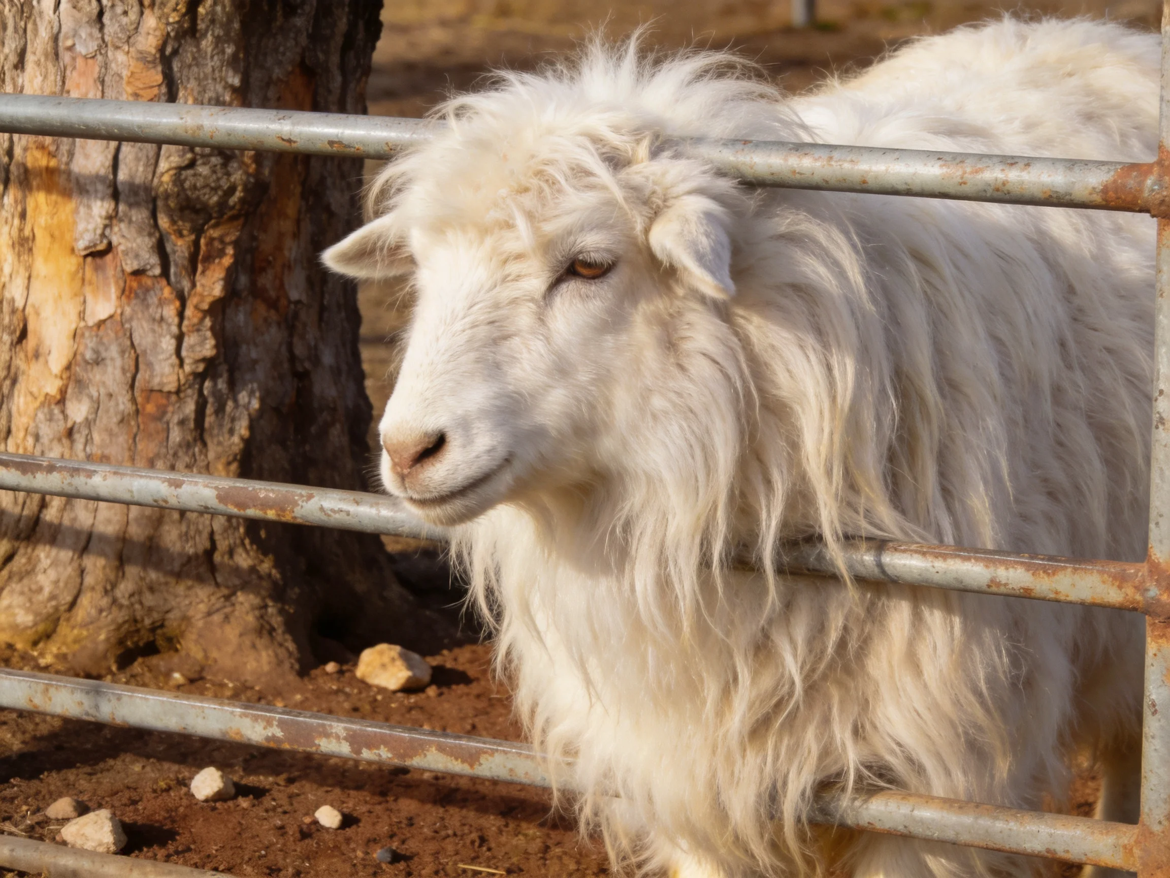 A fluffy white goat behind rusty metal bars beside a large tree