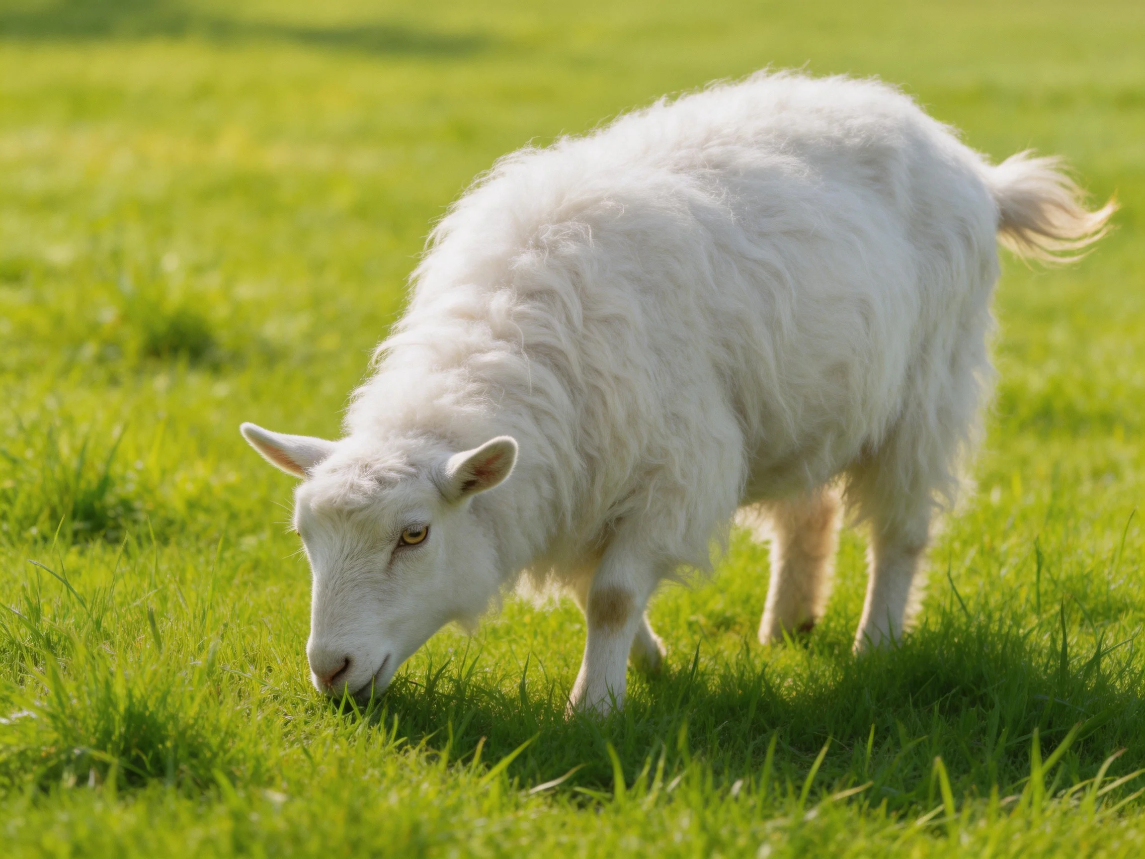 A fluffy white goat grazing in a lush green meadow