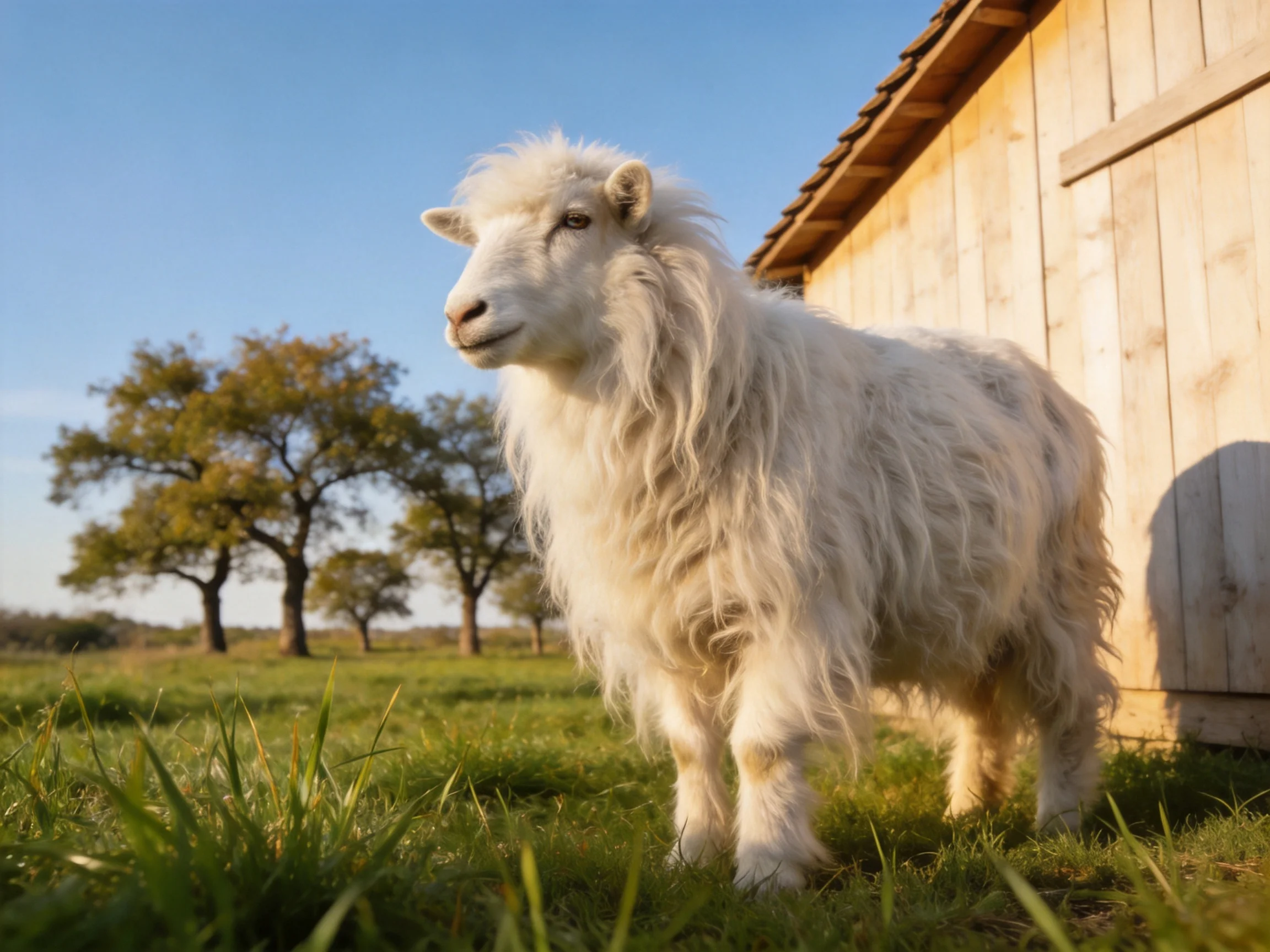 A fluffy white goat stands beside a wooden barn in a sunny field