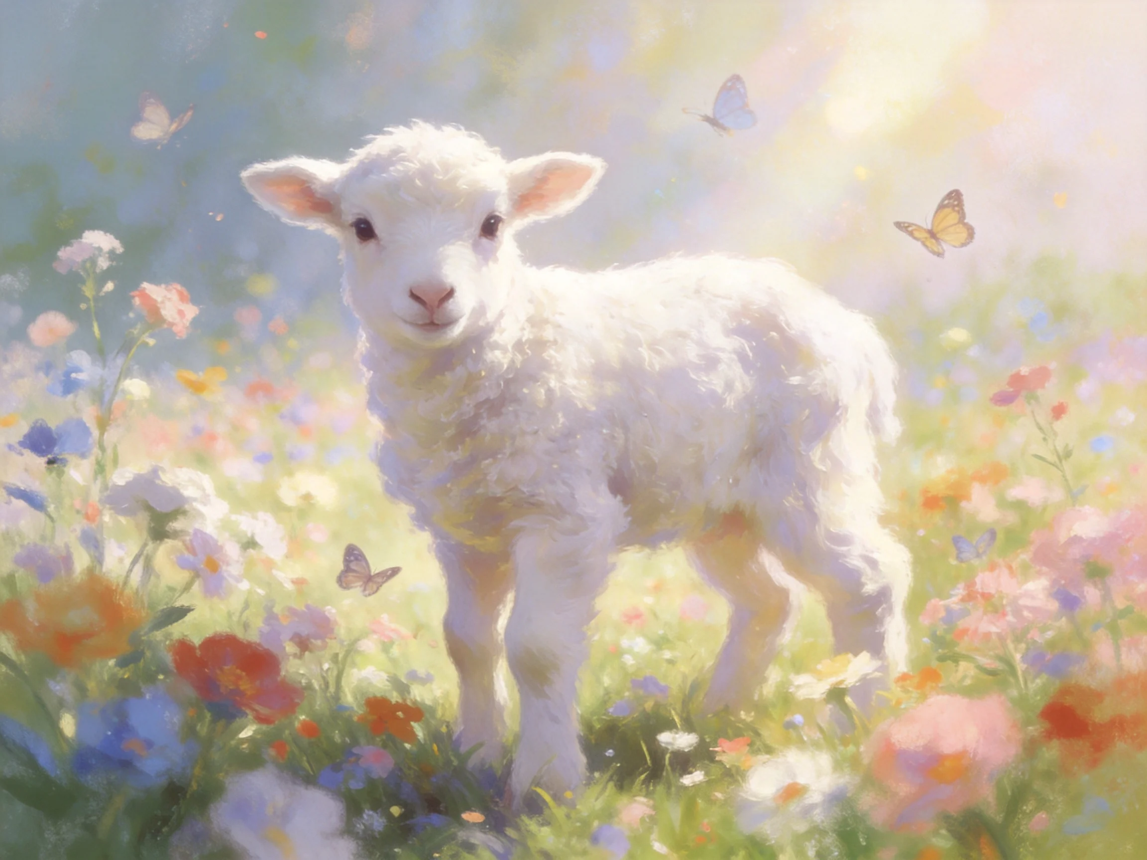 A fluffy white lamb amid colorful wildflowers and butterflies