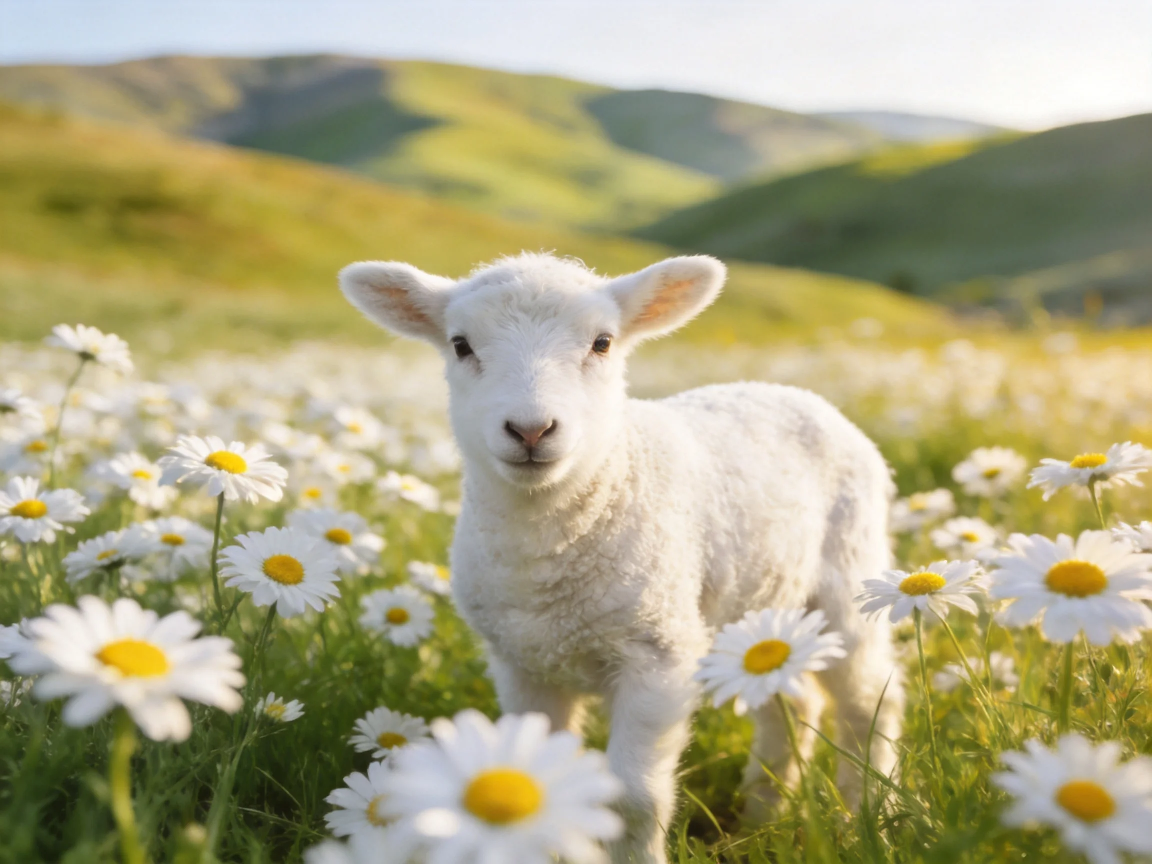 A fluffy white lamb amid daisies in a sunlit meadow