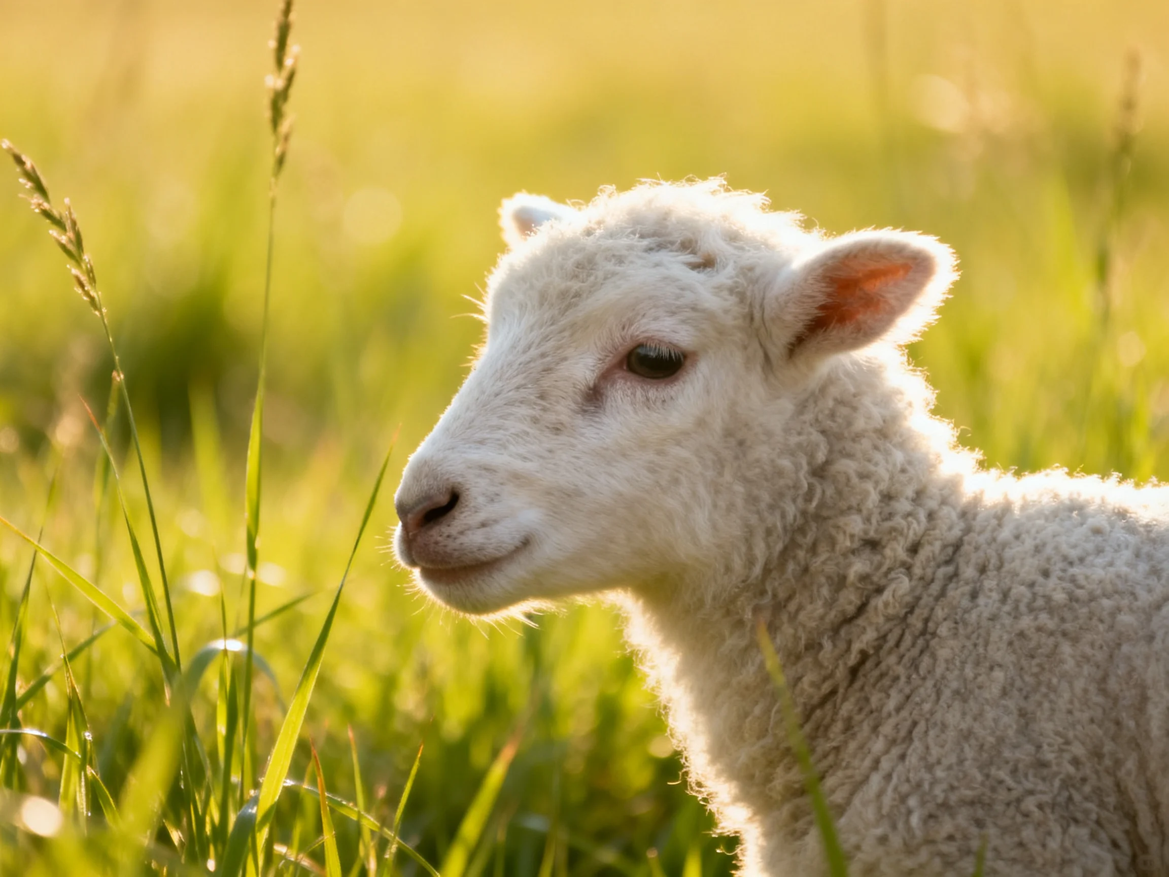 A fluffy white lamb amid tall green grasses under golden sunlight