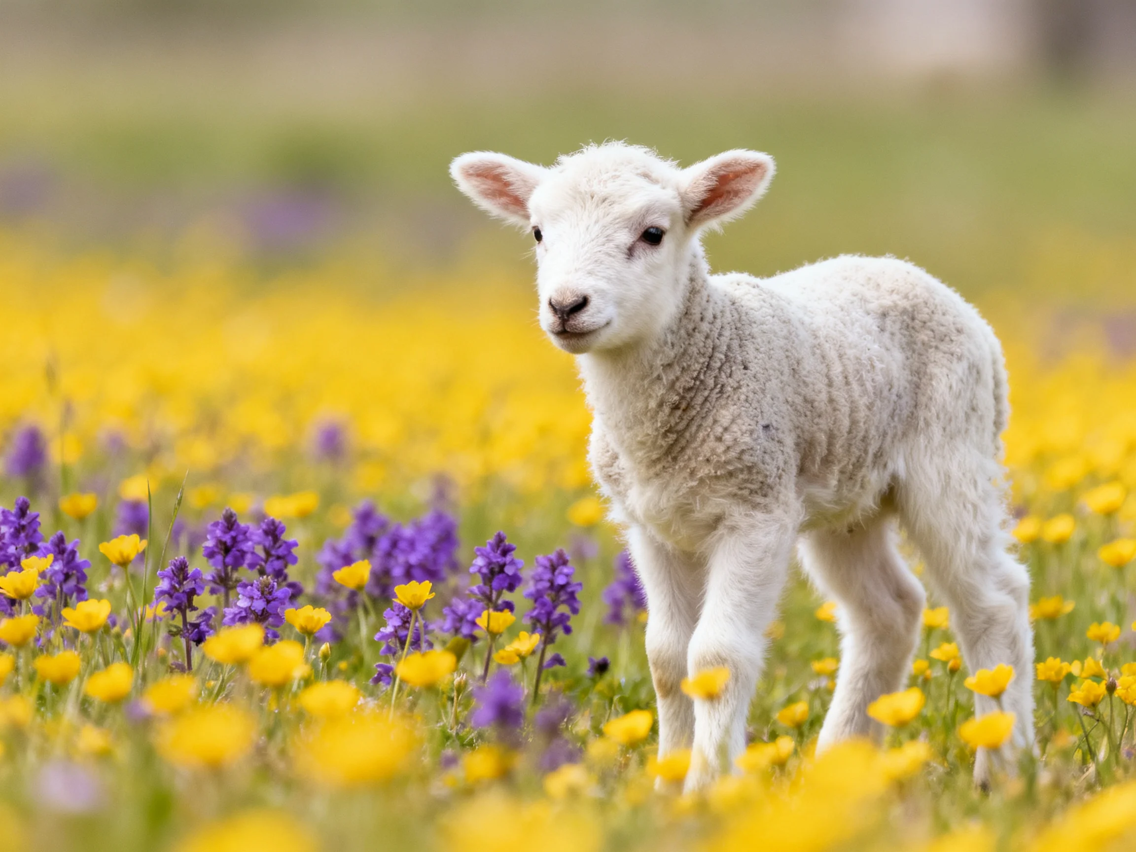 A fluffy white lamb amid yellow and purple wildflowers